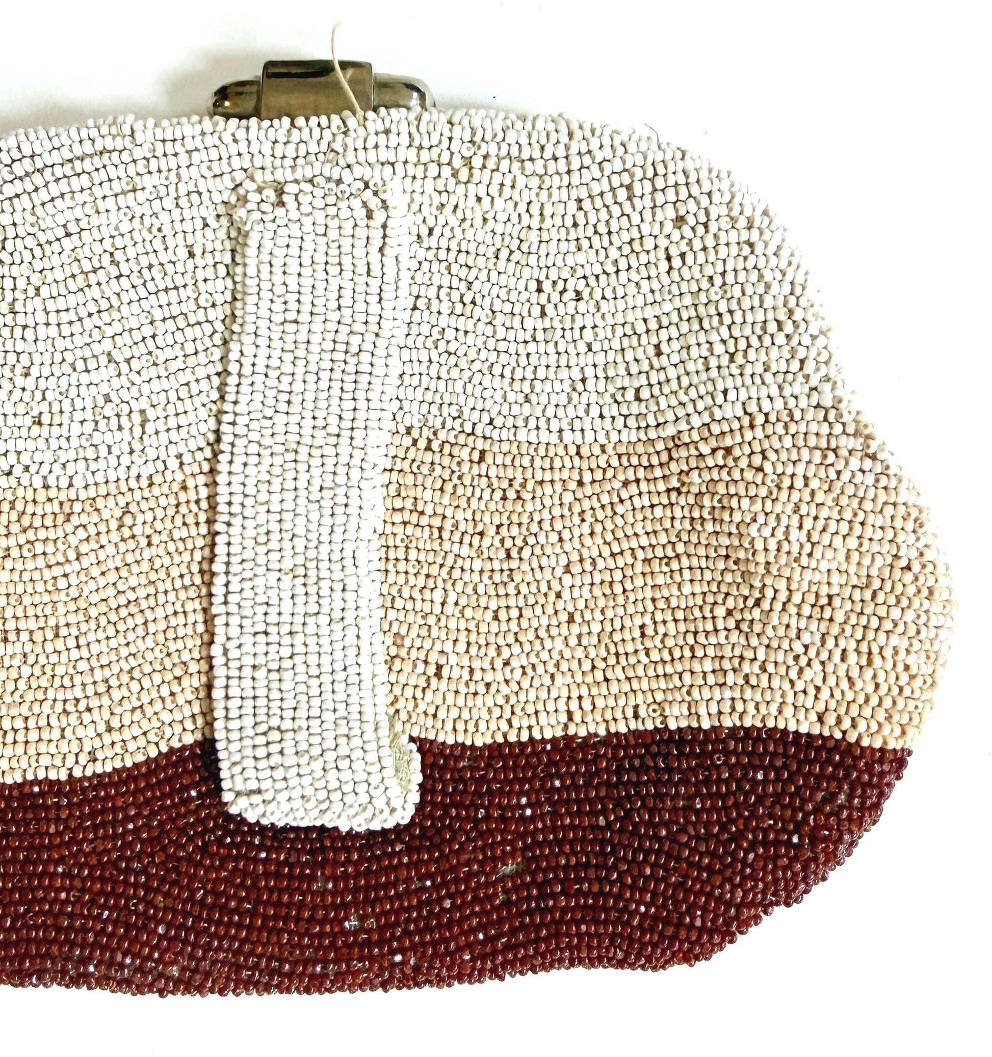 Vintage French Glass Bead Clutch Purse Bag Ivory Pearl Rust Stripe