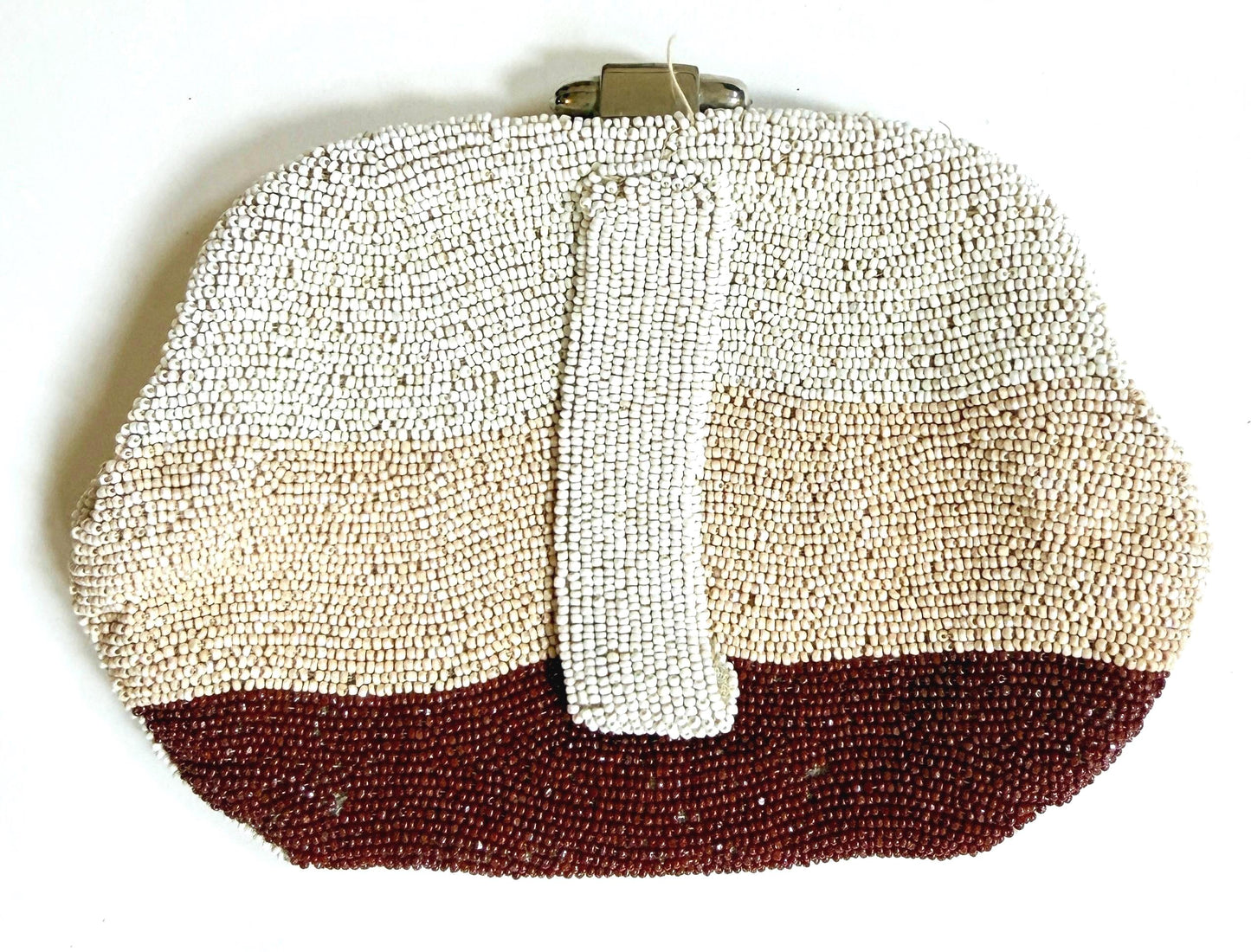 Vintage French Glass Bead Clutch Purse Bag Ivory Pearl Rust Stripe