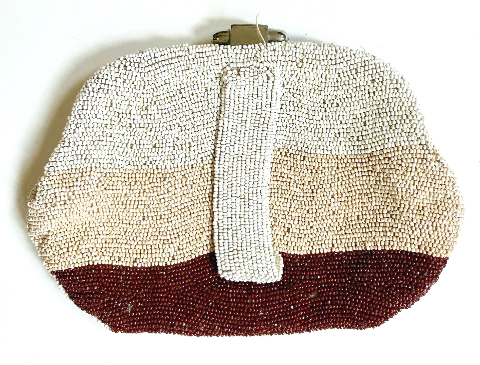Vintage French Glass Bead Clutch Purse Bag Ivory Pearl Rust Stripe