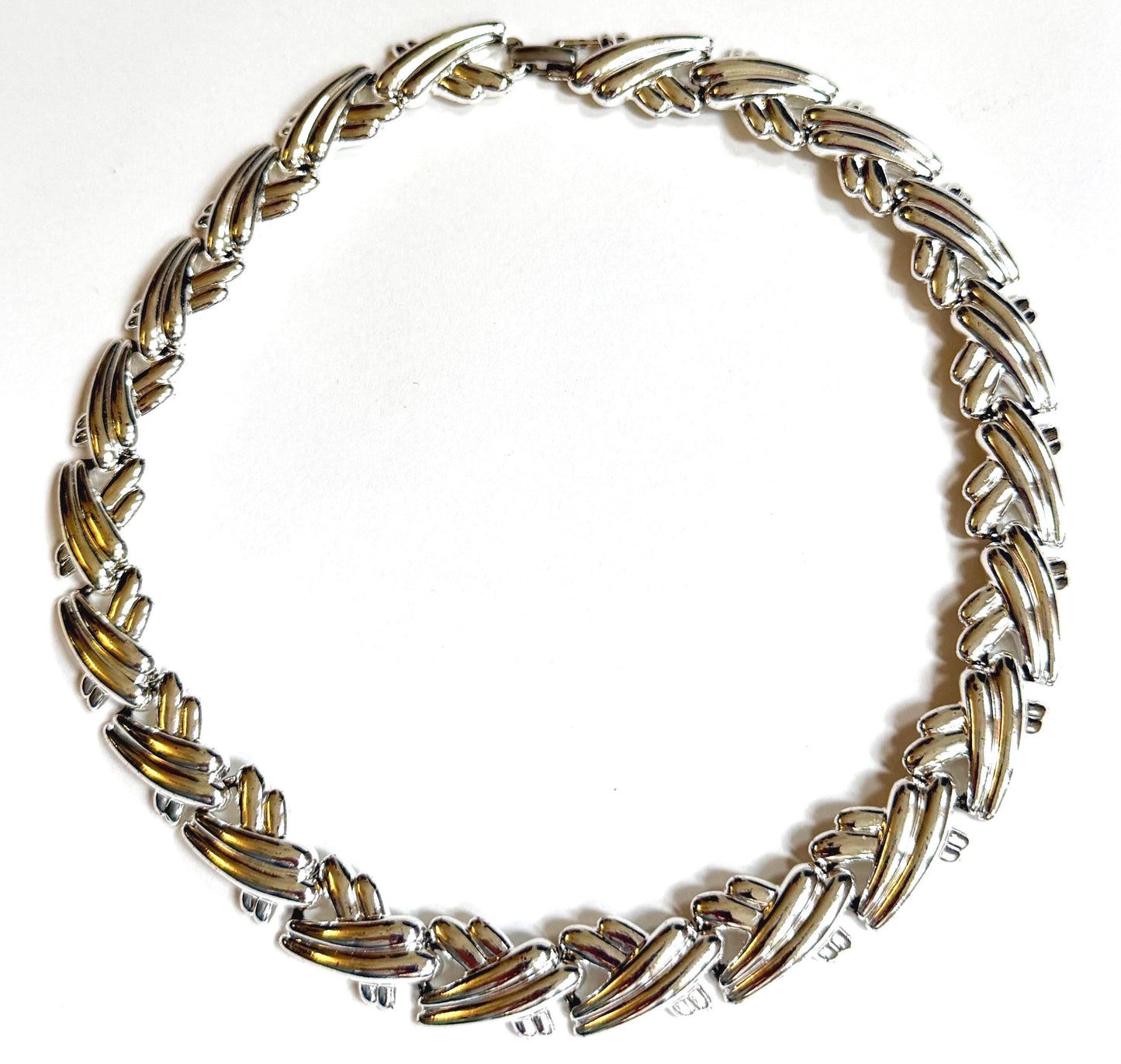 Vintage Silver X Choker Necklace 80s 90s Textured Ribbed Link Chain
