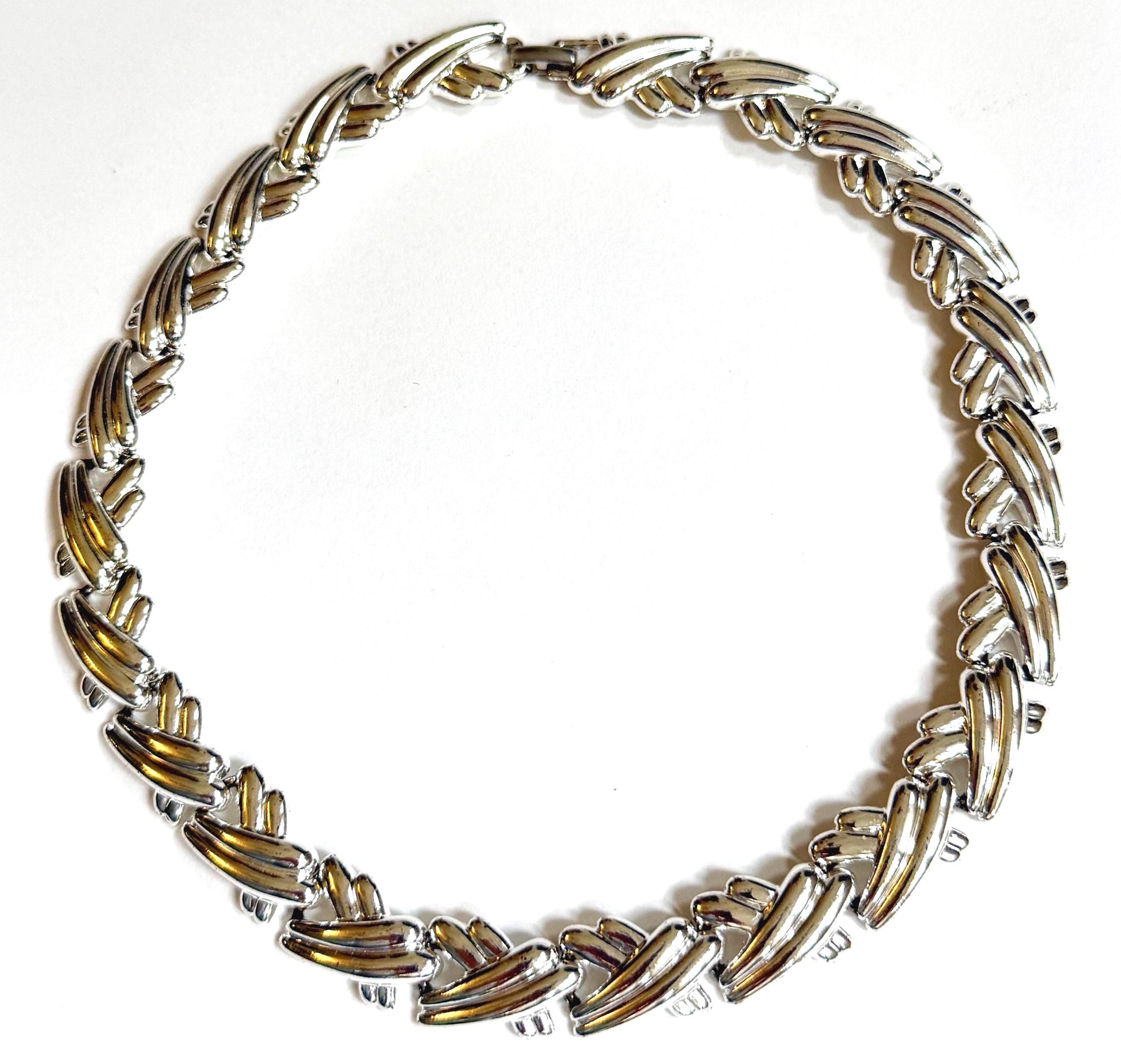 Vintage Silver X Choker Necklace 80s 90s Textured Ribbed Link Chain
