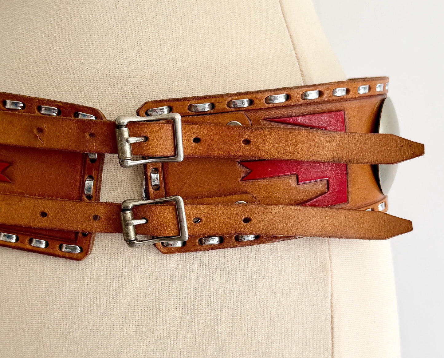 70s Hand Tooled Western Concho Belt Wide Tan Brown Leather Strap