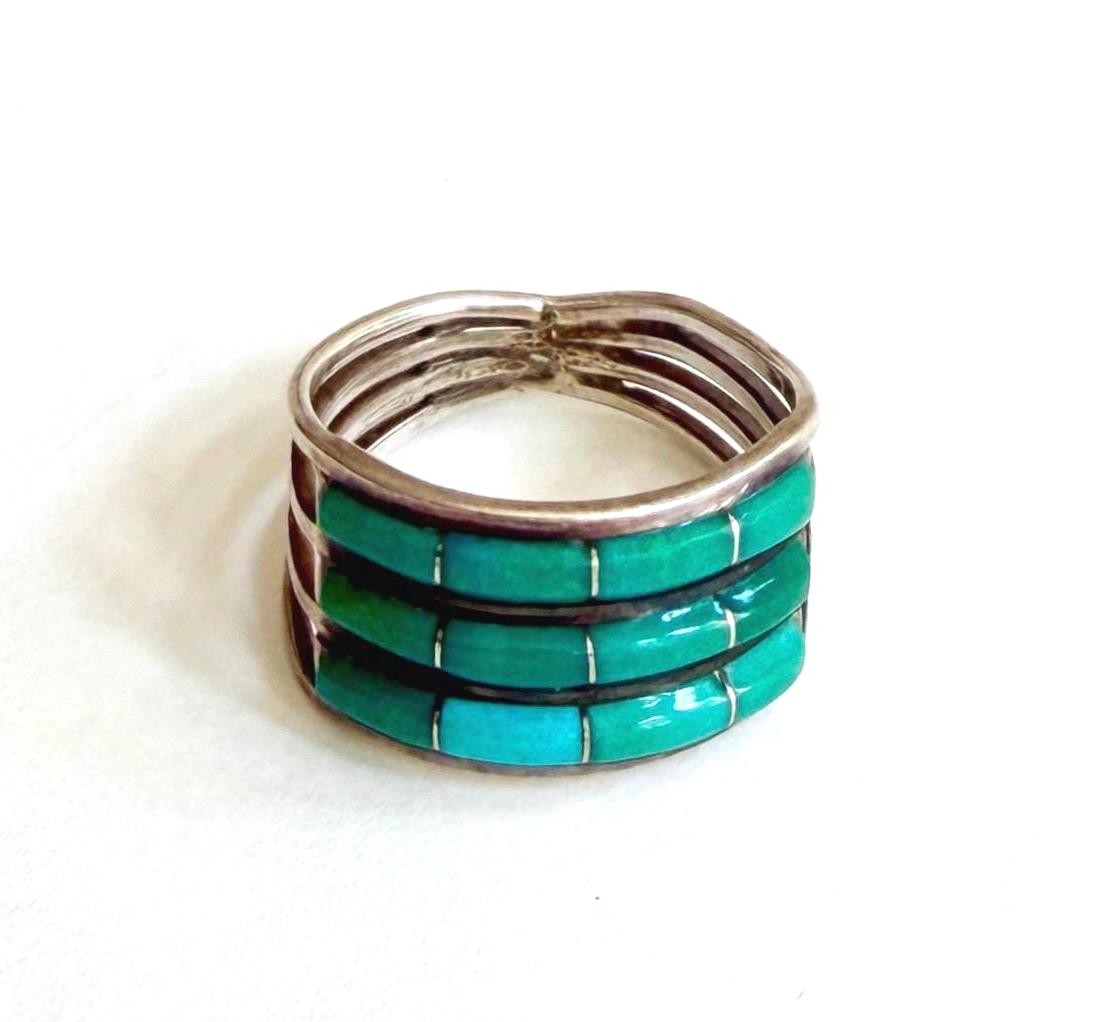 Vintage Zuni Turquoise Ring Band Native American Flush Channel Inlay Size 7