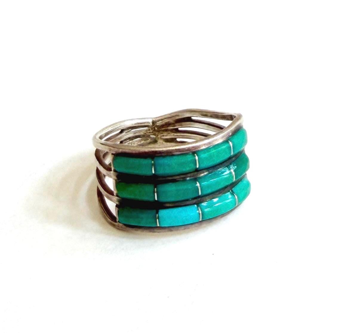 Vintage Zuni Turquoise Ring Band Native American Flush Channel Inlay Size 7