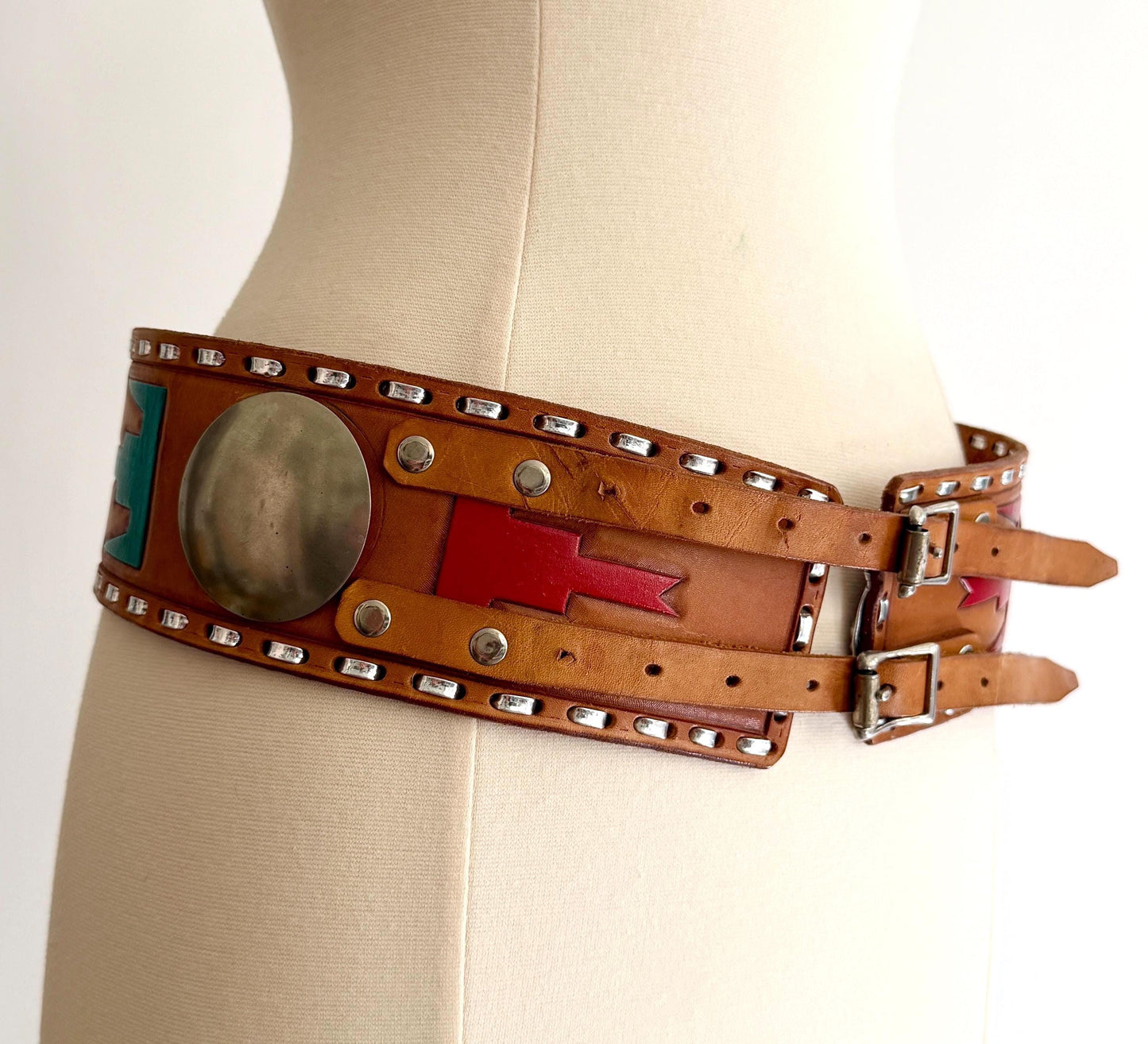 70s Hand Tooled Western Concho Belt Wide Tan Brown Leather Strap