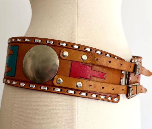 70s Hand Tooled Western Concho Belt Wide Tan Brown Leather Strap