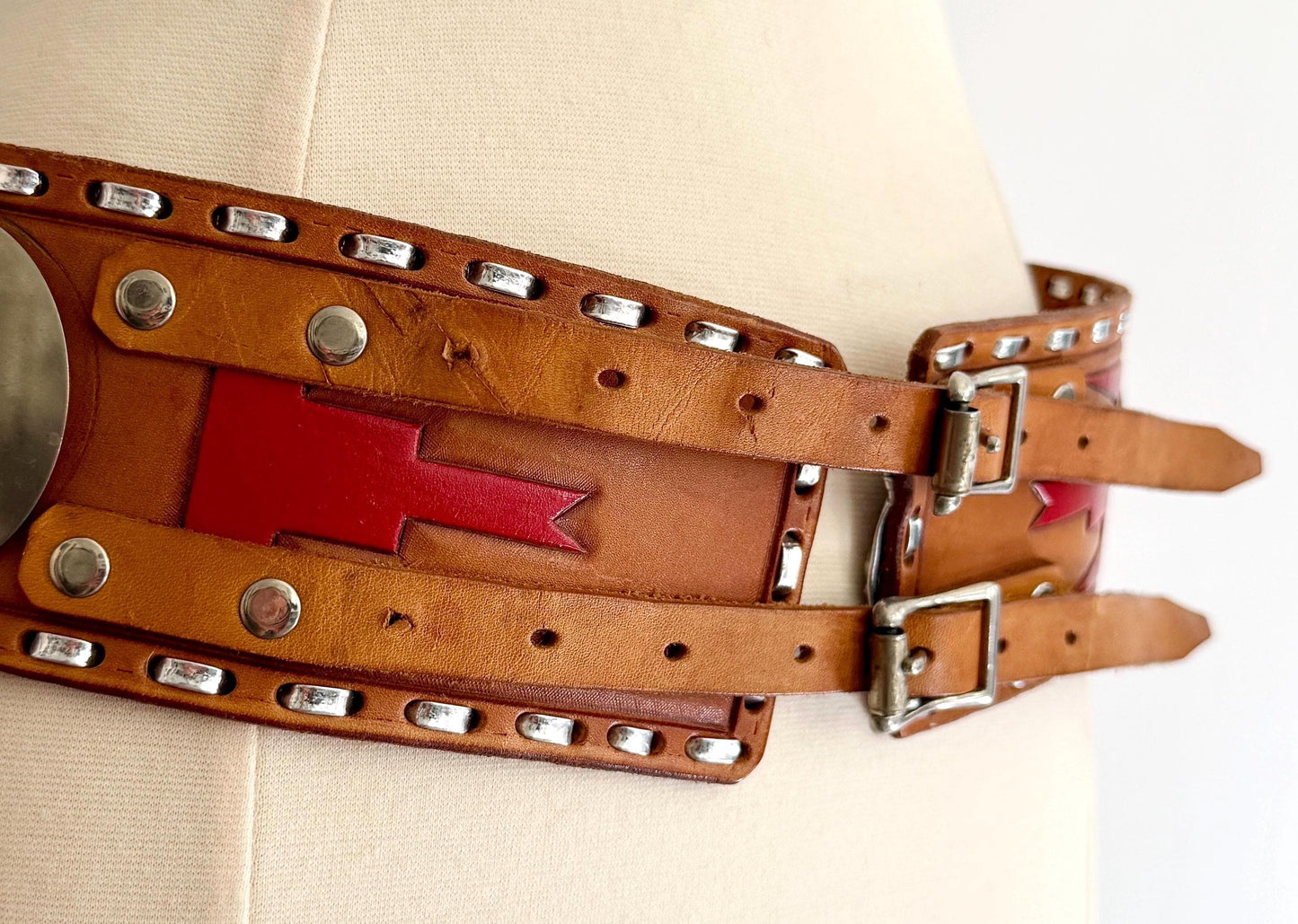 70s Hand Tooled Western Concho Belt Wide Tan Brown Leather Strap