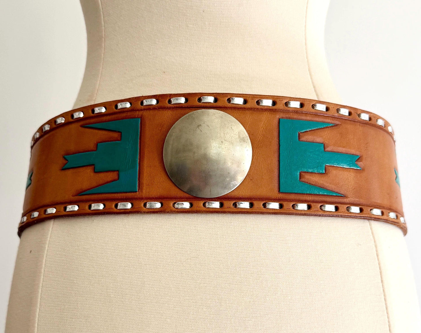 70s Hand Tooled Western Concho Belt Wide Tan Brown Leather Strap
