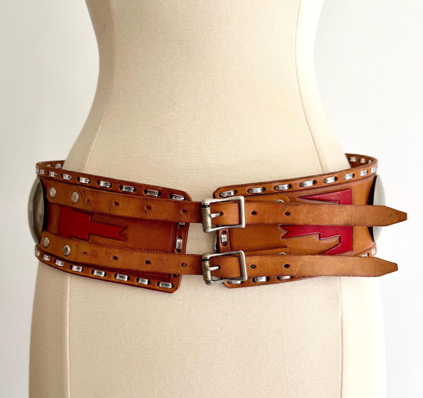 70s Hand Tooled Western Concho Belt Wide Tan Brown Leather Strap