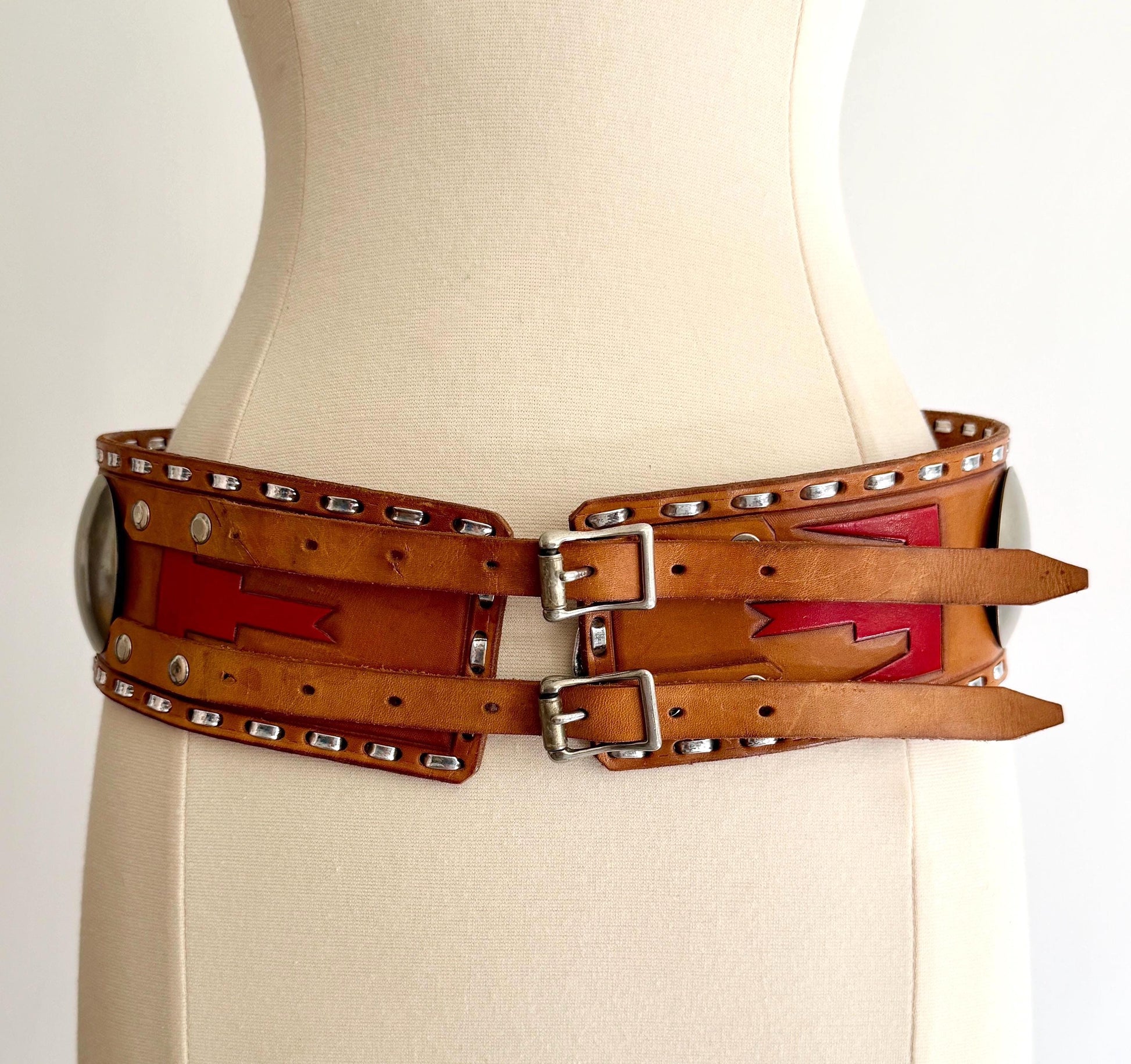 70s Hand Tooled Western Concho Belt Wide Tan Brown Leather Strap