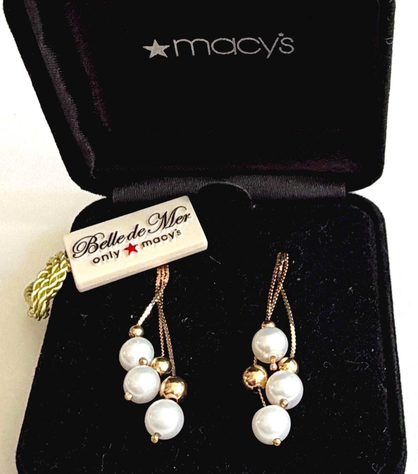 Solid 14K Gold Pearl Earrings 1" Drop Dangle Vintage Macys Belle de Mer