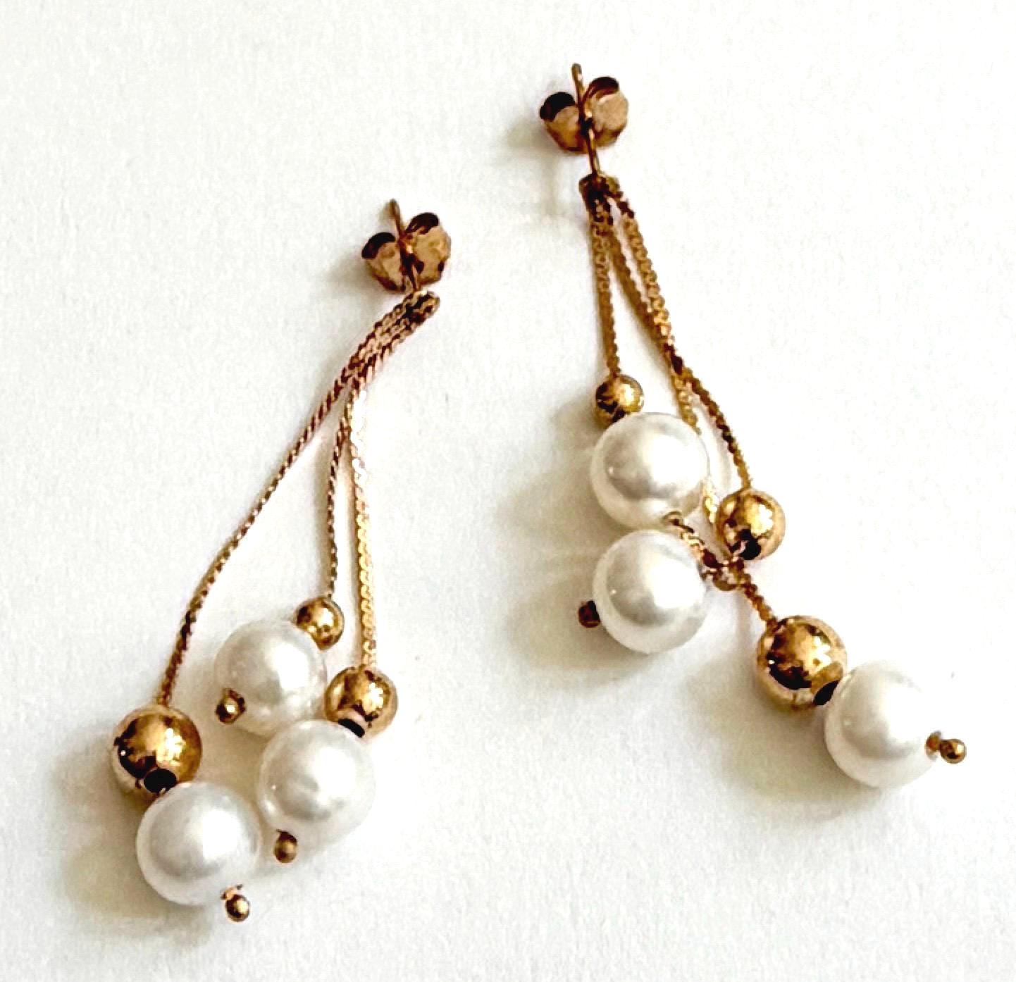 Solid 14K Gold Pearl Earrings 1" Drop Dangle Vintage Macys Belle de Mer