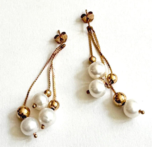 Solid 14K Gold Pearl Earrings 1" Drop Dangle Vintage Macys Belle de Mer