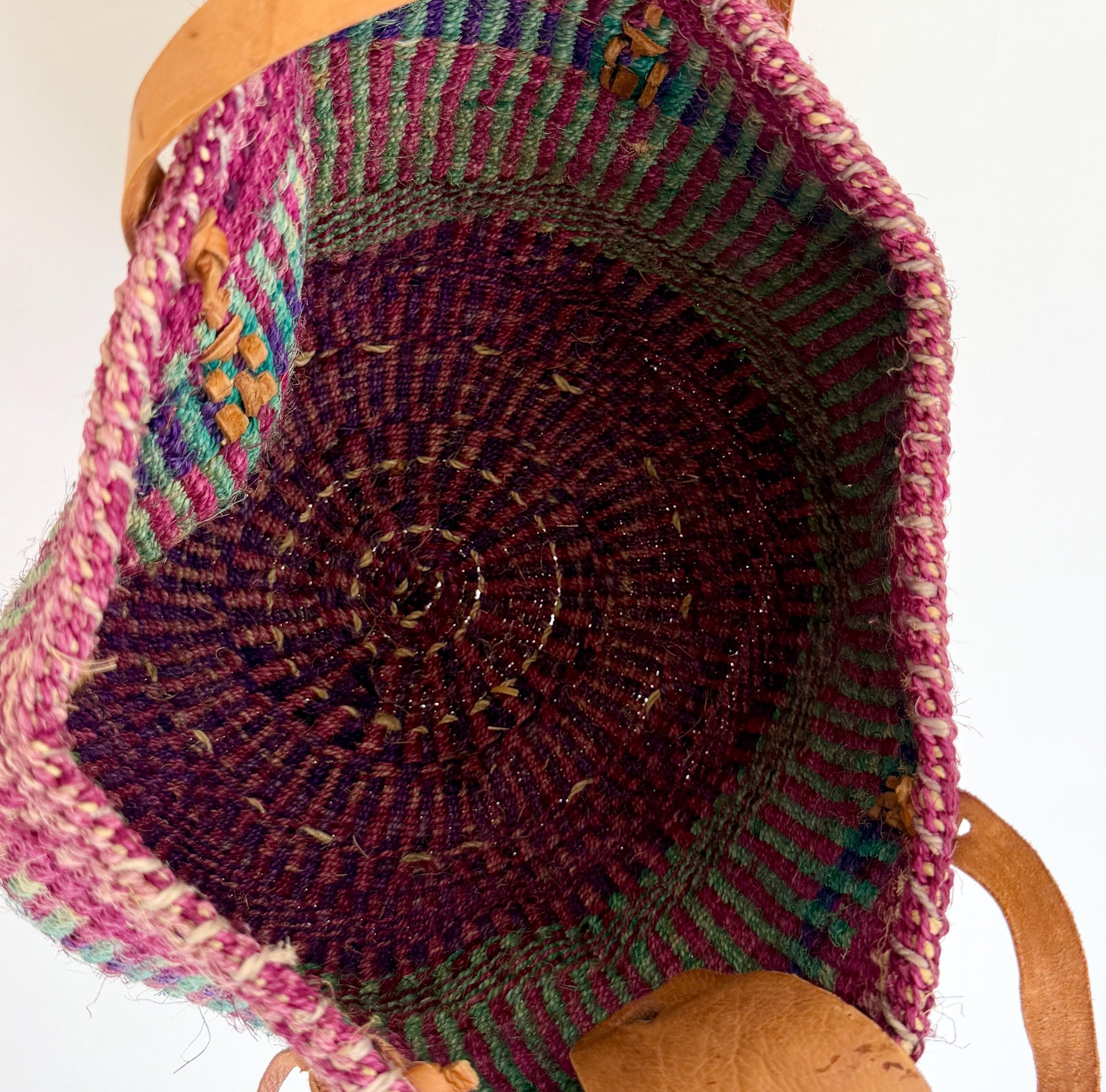 Vintage 90's Striped Sisal Market Bag with Leather Straps