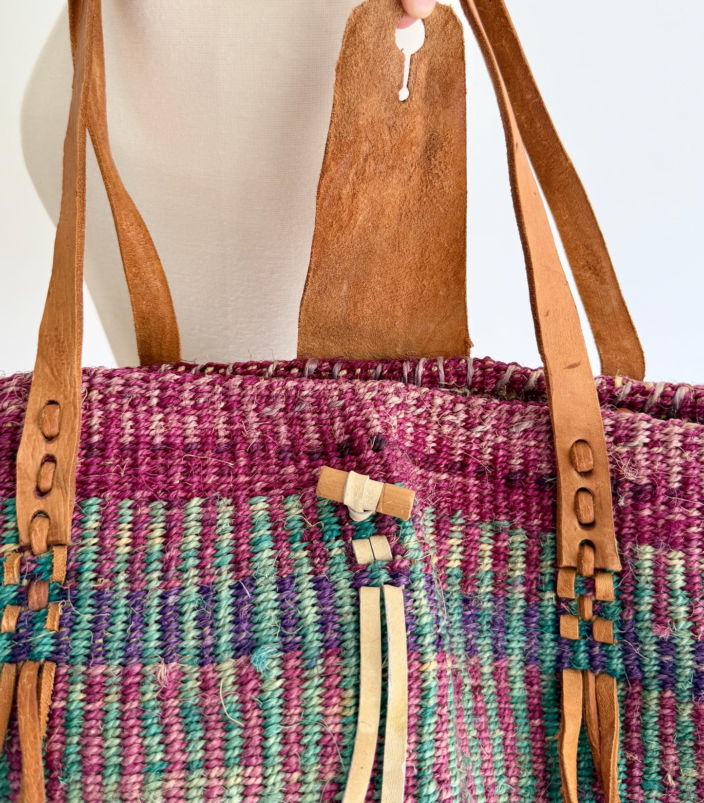 Vintage 90's Striped Sisal Market Bag with Leather Straps