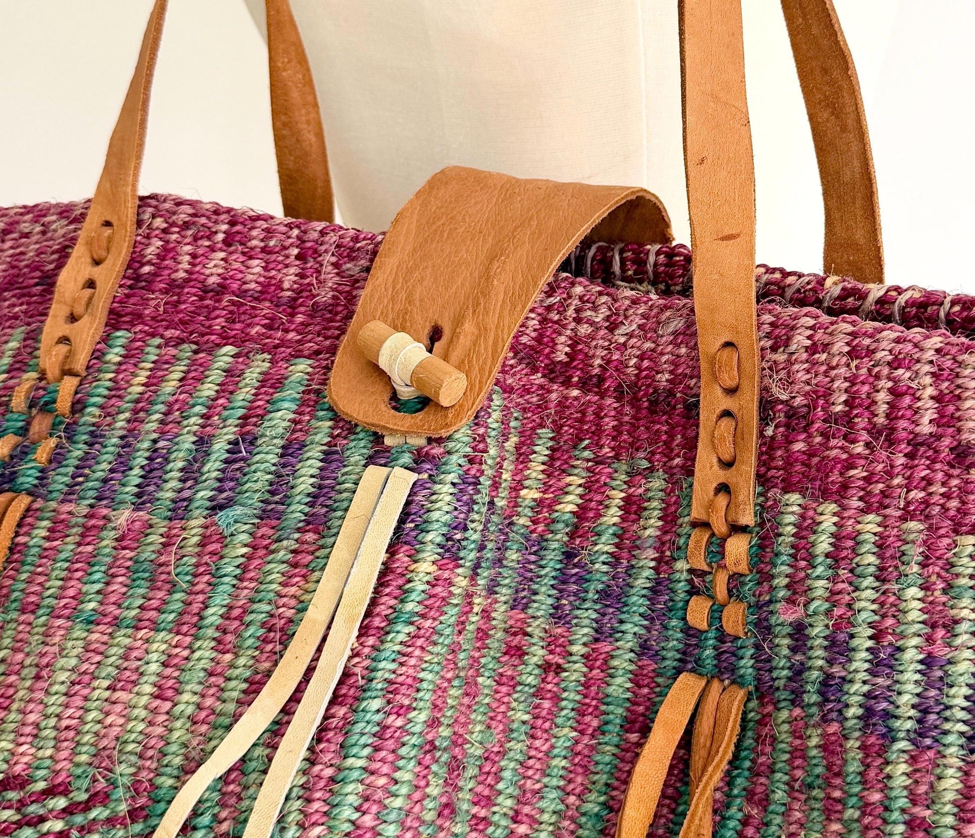 Vintage 90's Striped Sisal Market Bag with Leather Straps