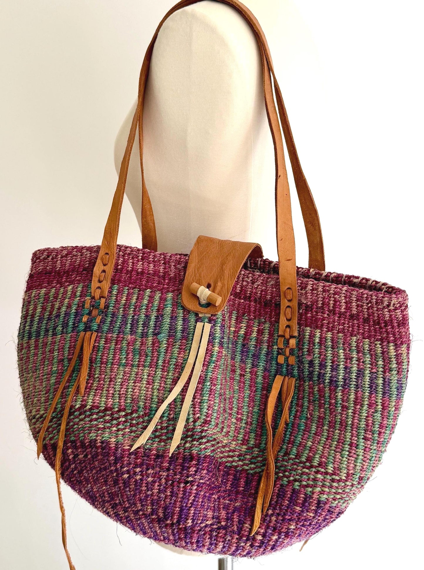 Vintage 90's Striped Sisal Market Bag with Leather Straps