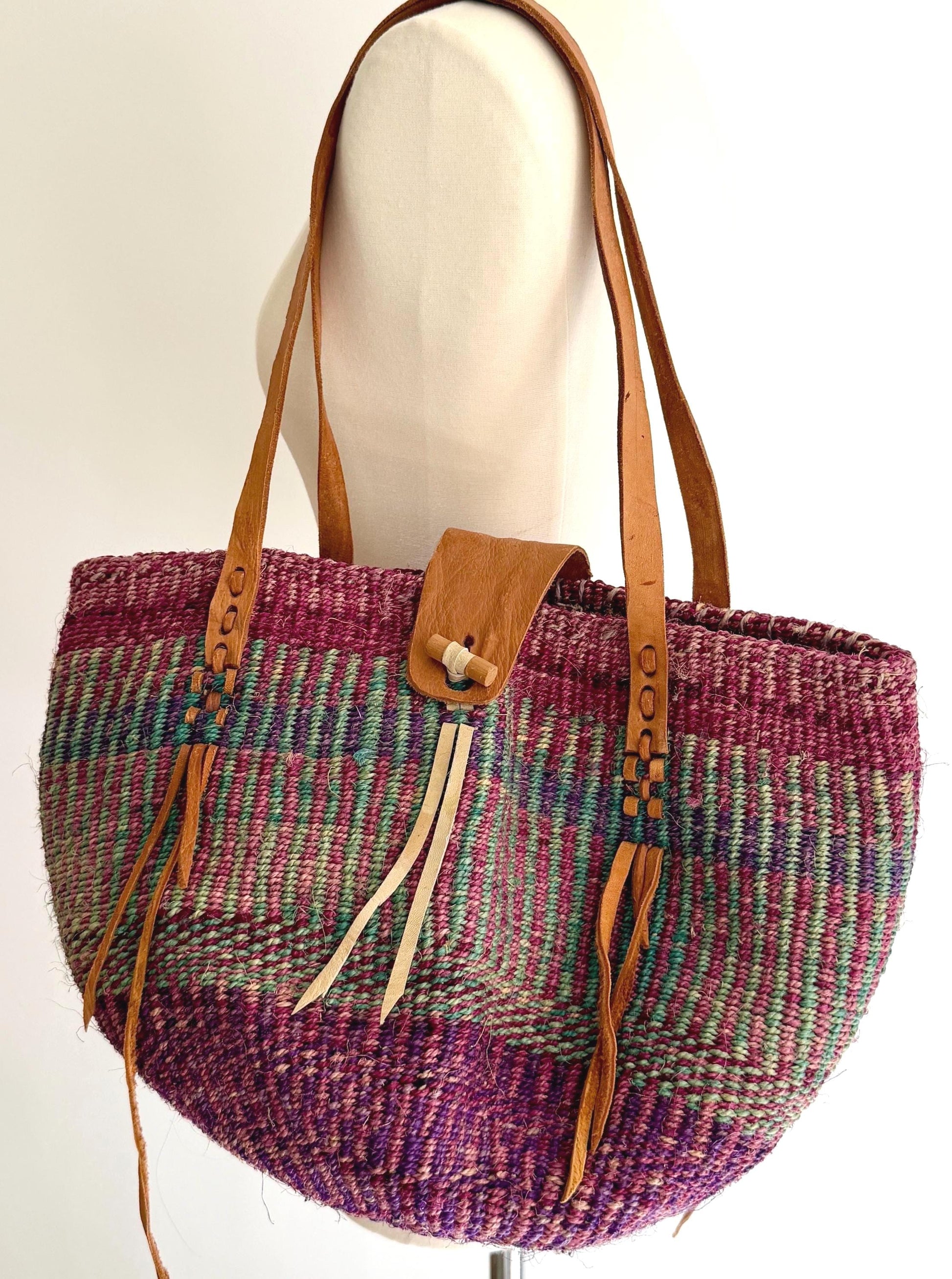 Vintage 90's Striped Sisal Market Bag with Leather Straps