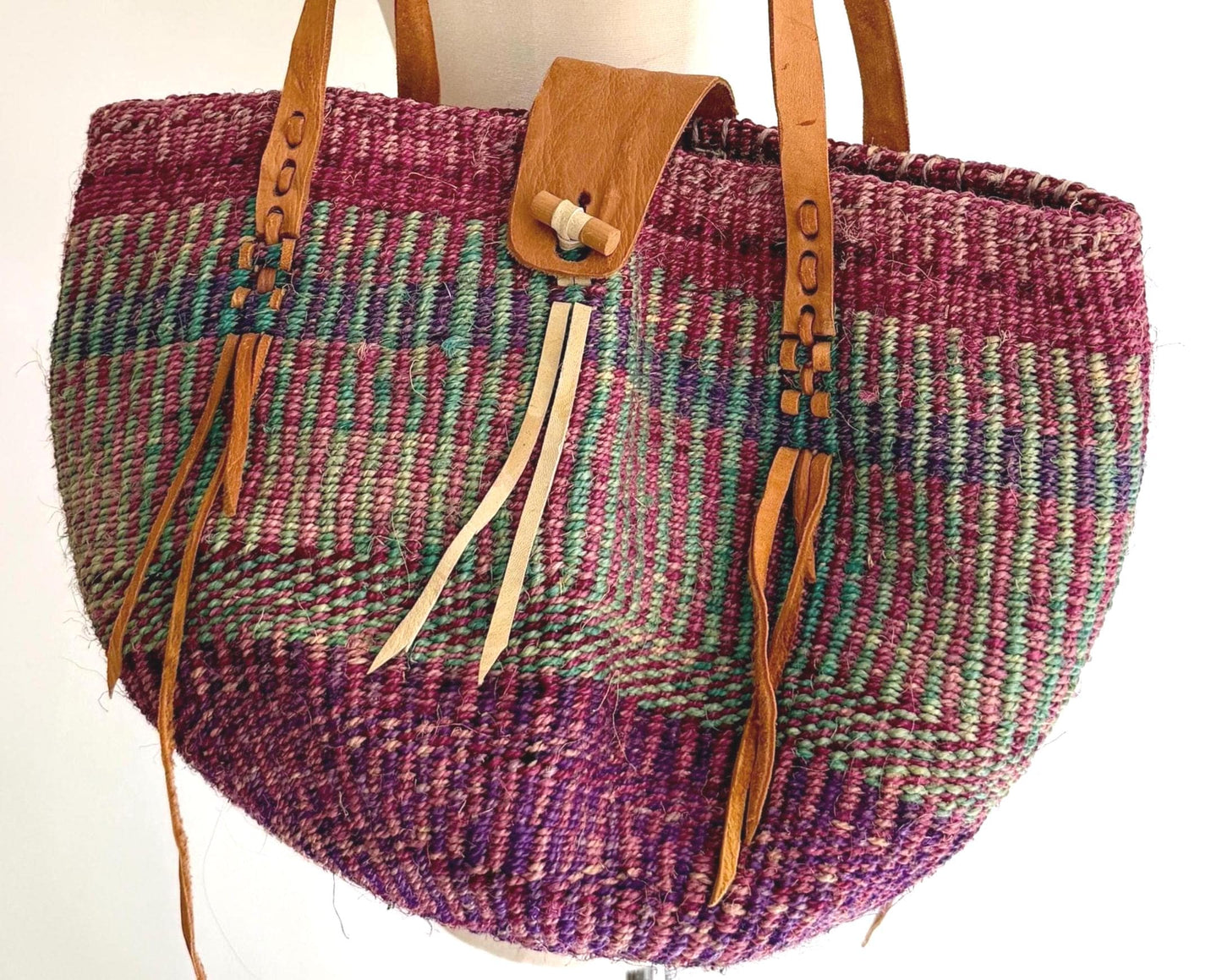 Vintage 90's Striped Sisal Market Bag with Leather Straps