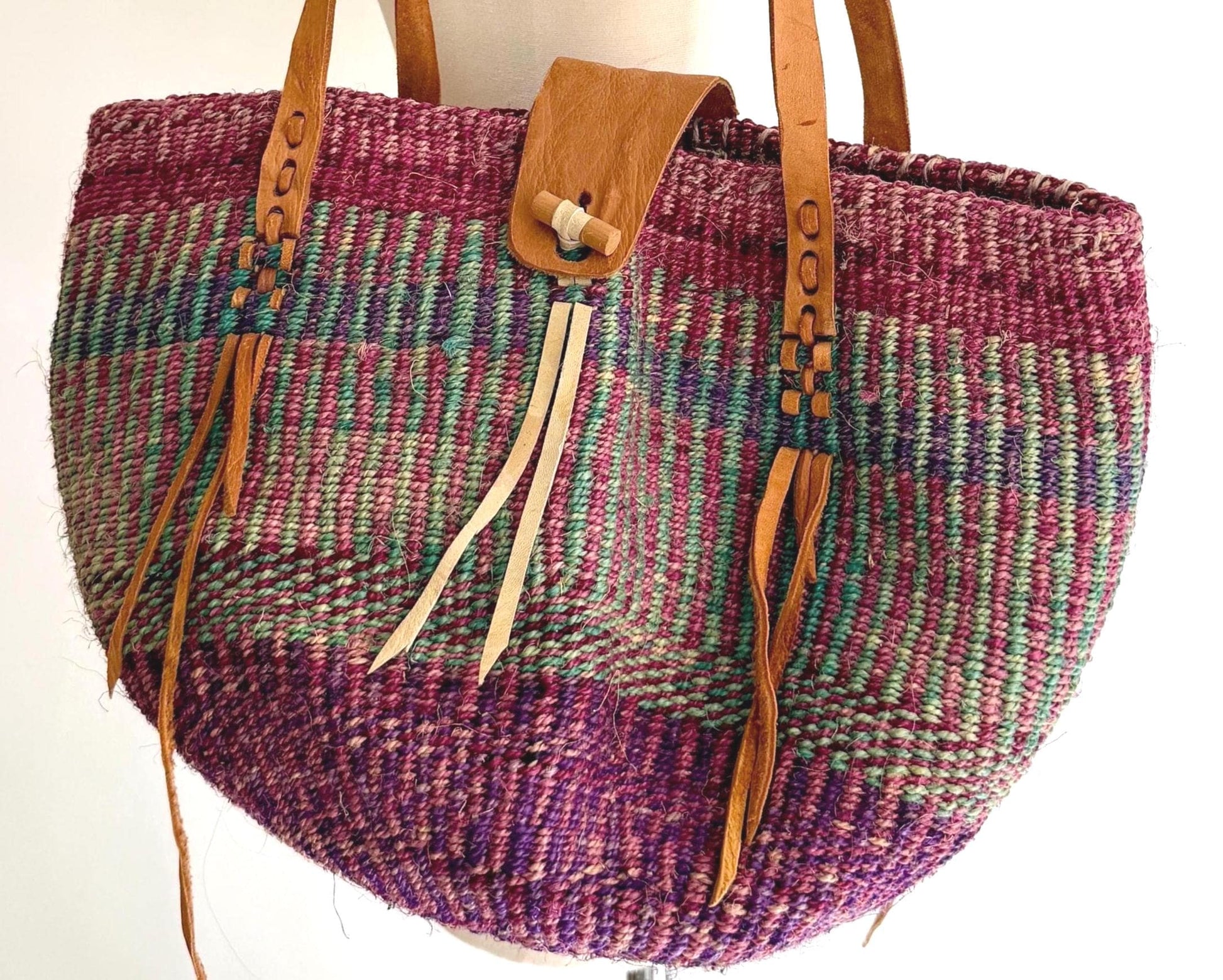 Vintage 90's Striped Sisal Market Bag with Leather Straps