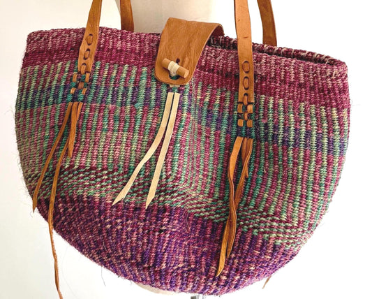 Vintage 90's Striped Sisal Market Bag with Leather Straps