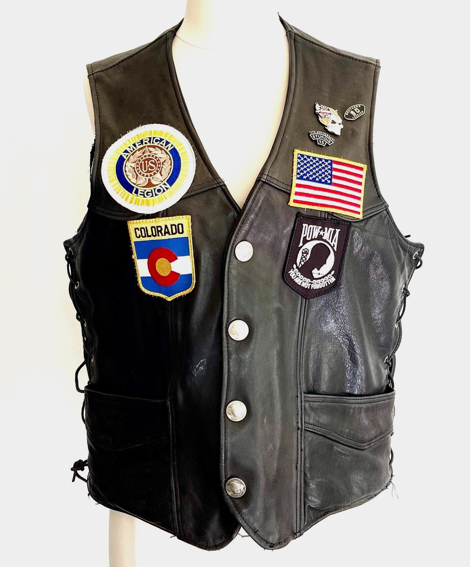 Vintage Leather Biker Vest American Legion Patches Sturgis Pins 90s Y2K