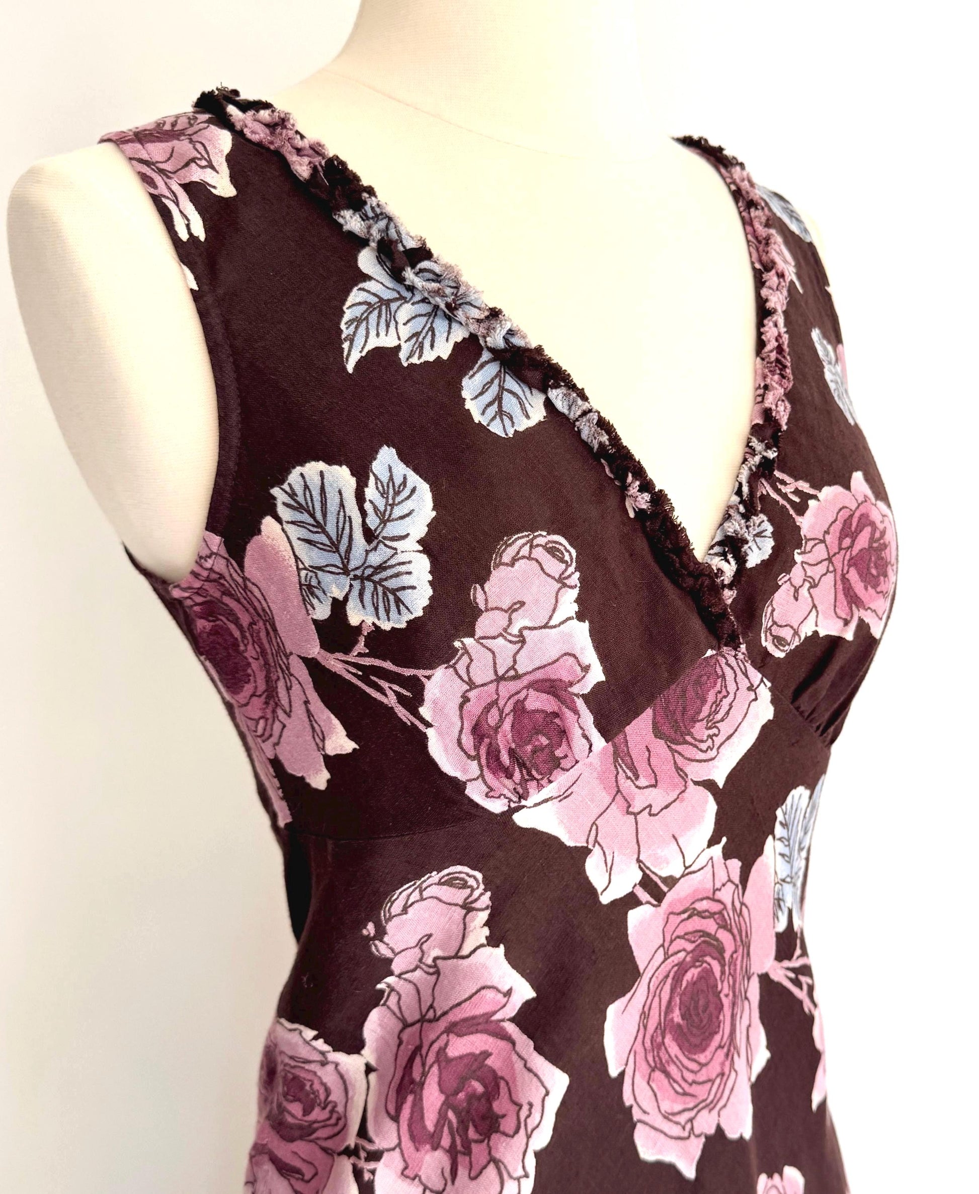Vintage 90s Floral Sleeveless Dress Rose Print Linen