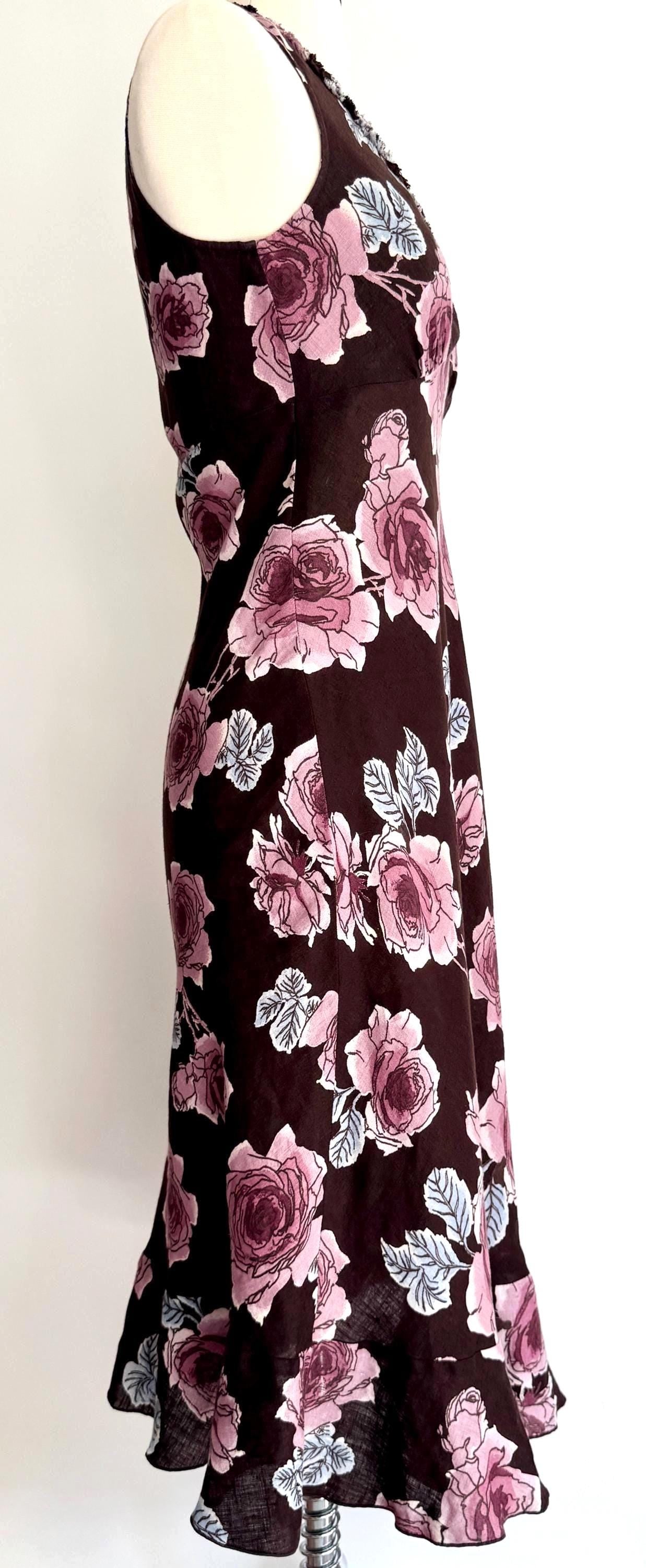 Vintage 90s Floral Sleeveless Dress Rose Print Linen
