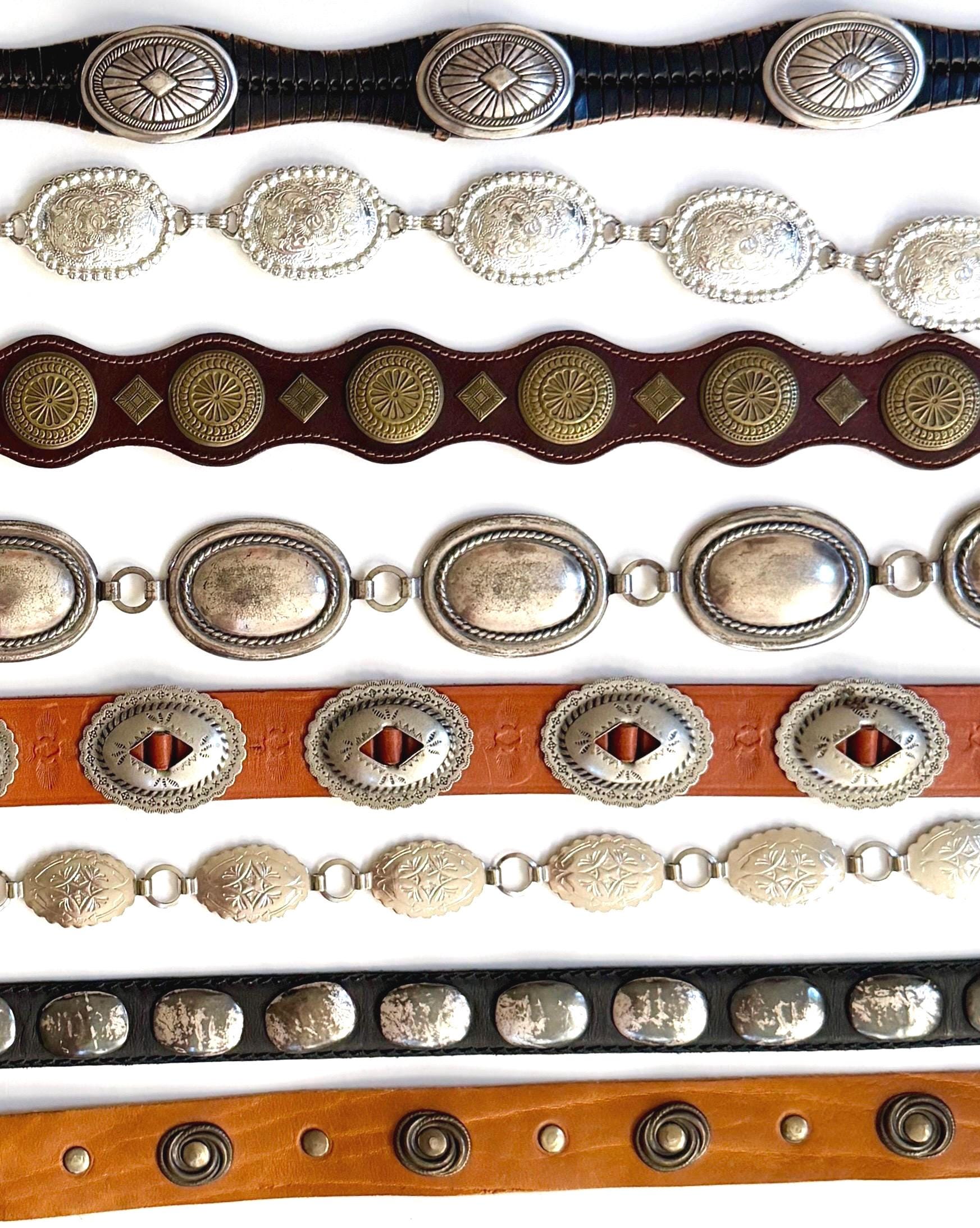 Vintage Concho Belt Brown Leather Strap Western Southwest Cowboy