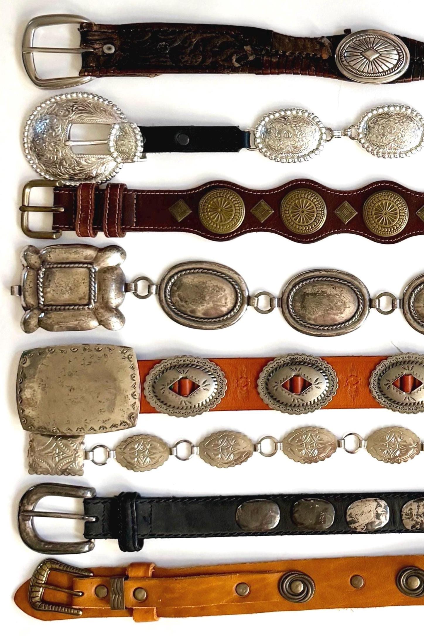 Vintage Concho Belt Brown Leather Strap Western Southwest Cowboy