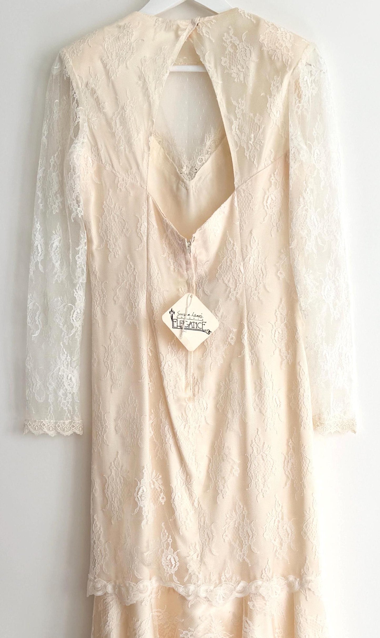Vintage Lace Wedding Dress 70's 80's Susan Lane's Country Elegance Long Sleeve with Keyhole Back