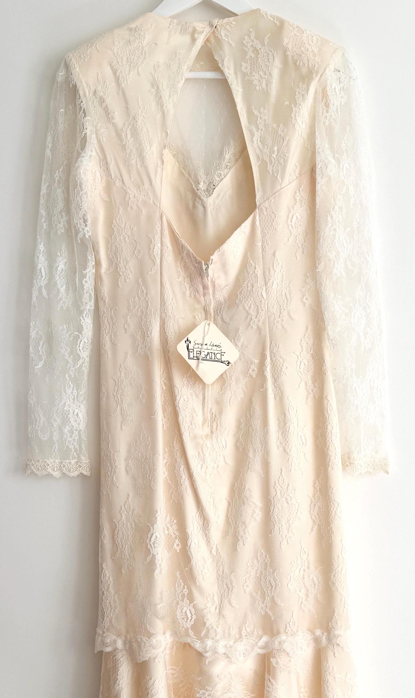 Vintage Lace Wedding Dress 70's 80's Susan Lane's Country Elegance Long Sleeve with Keyhole Back