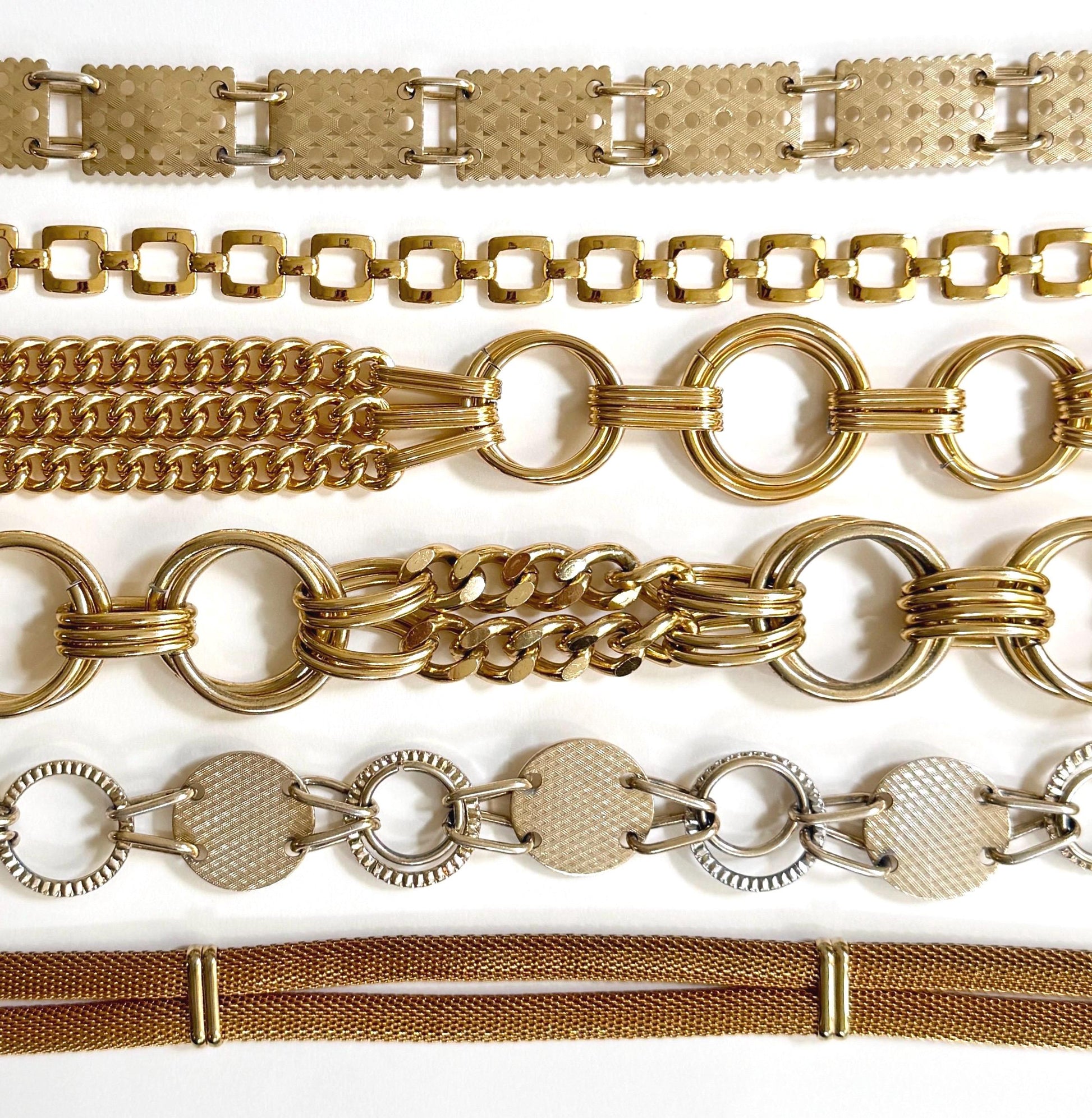 Vintage Gold Chain Belt 70s 80s Rectangle Square Circle Metal Mesh Link