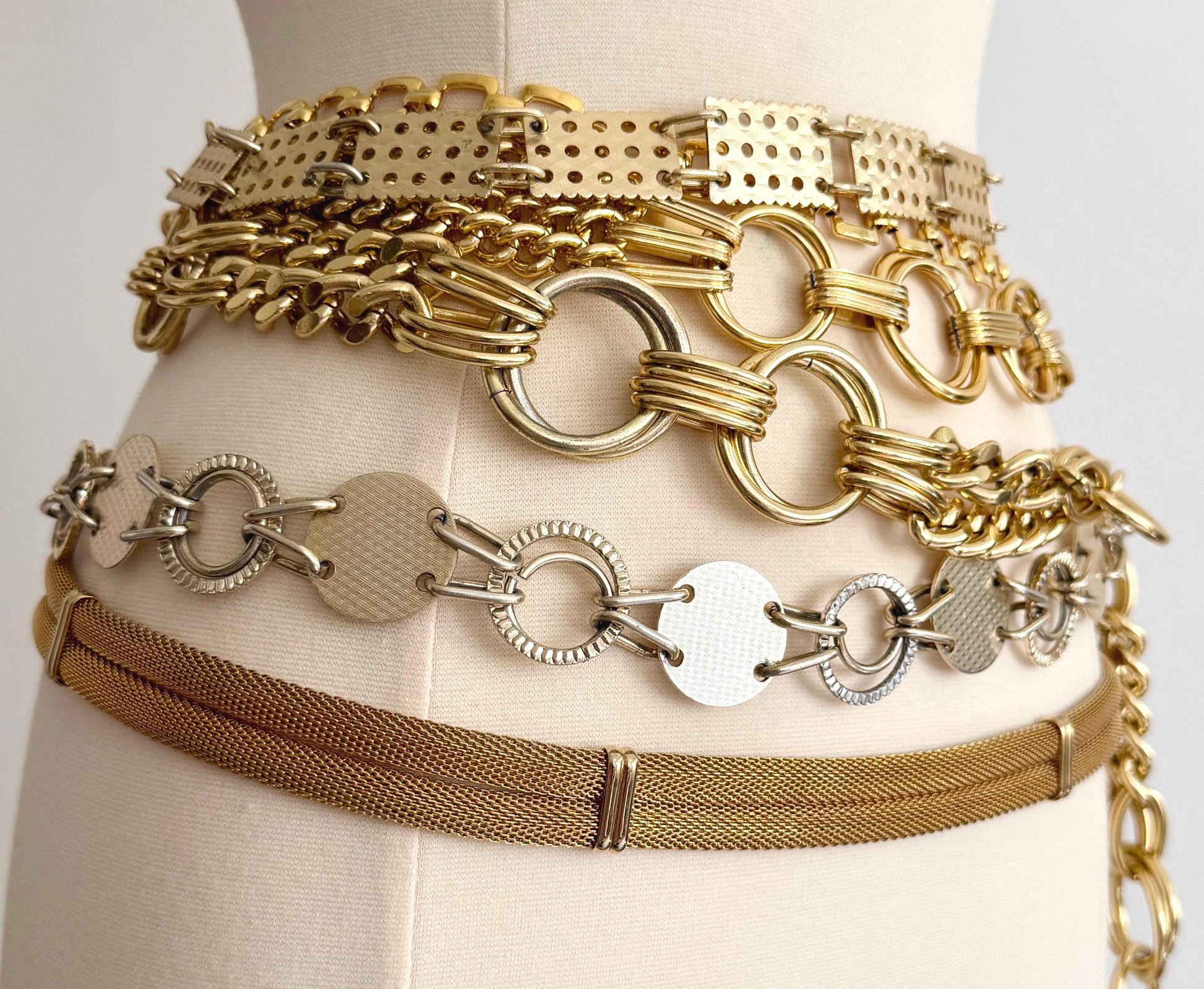 Vintage Gold Chain Belt 70s 80s Rectangle Square Circle Metal Mesh Link