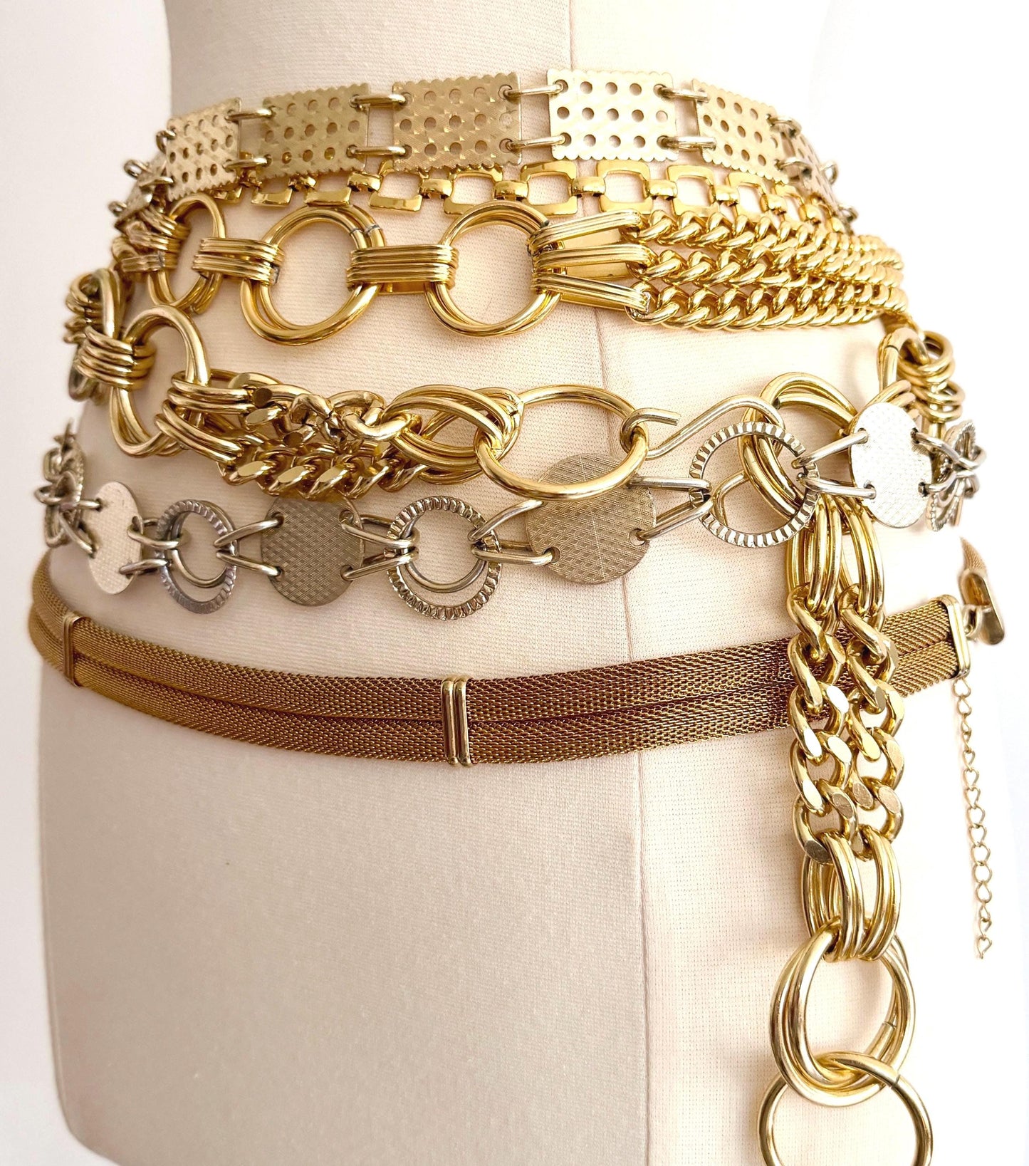 Vintage Gold Chain Belt 70s 80s Rectangle Square Circle Metal Mesh Link