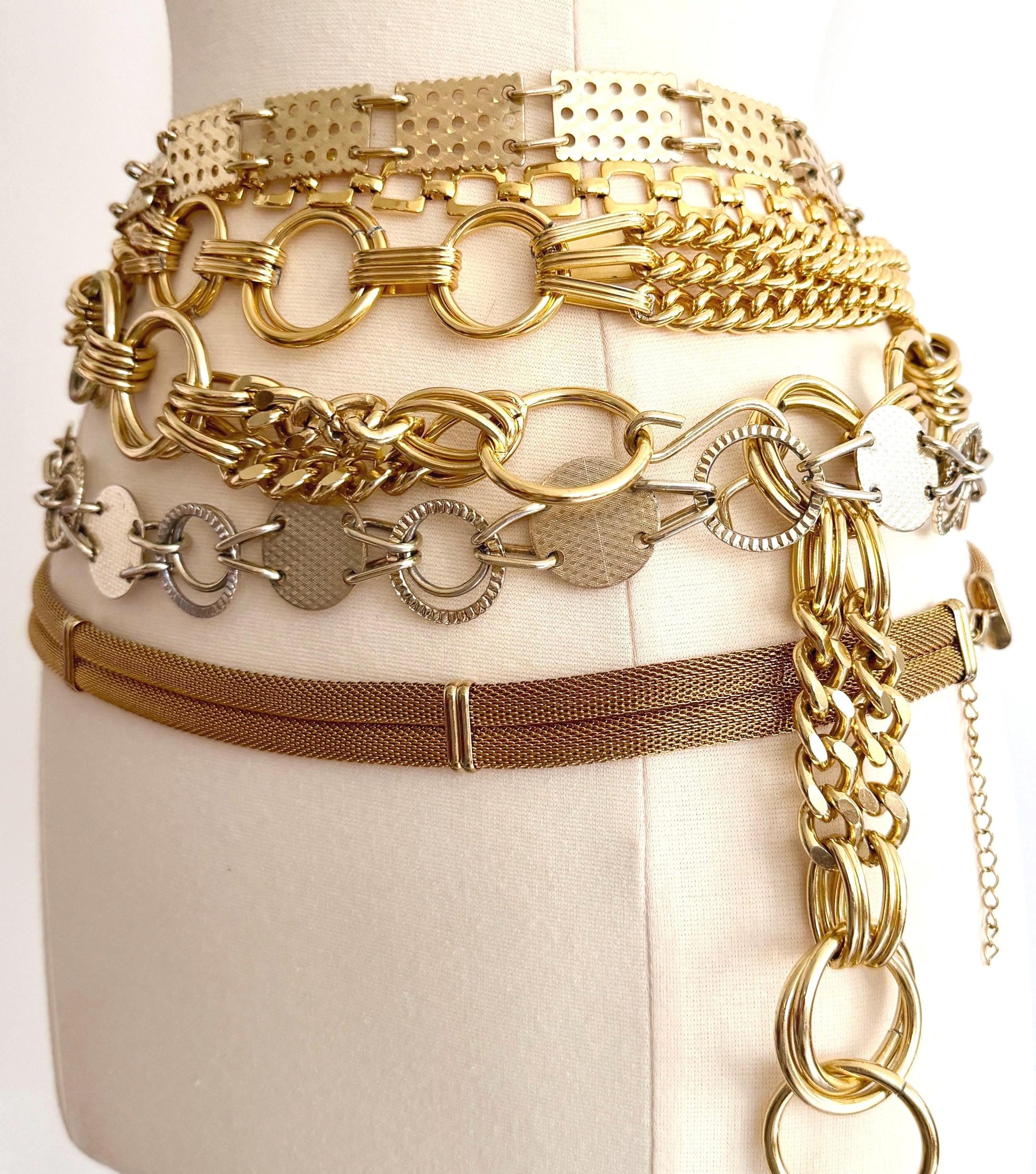 Vintage Gold Chain Belt 70s 80s Rectangle Square Circle Metal Mesh Link