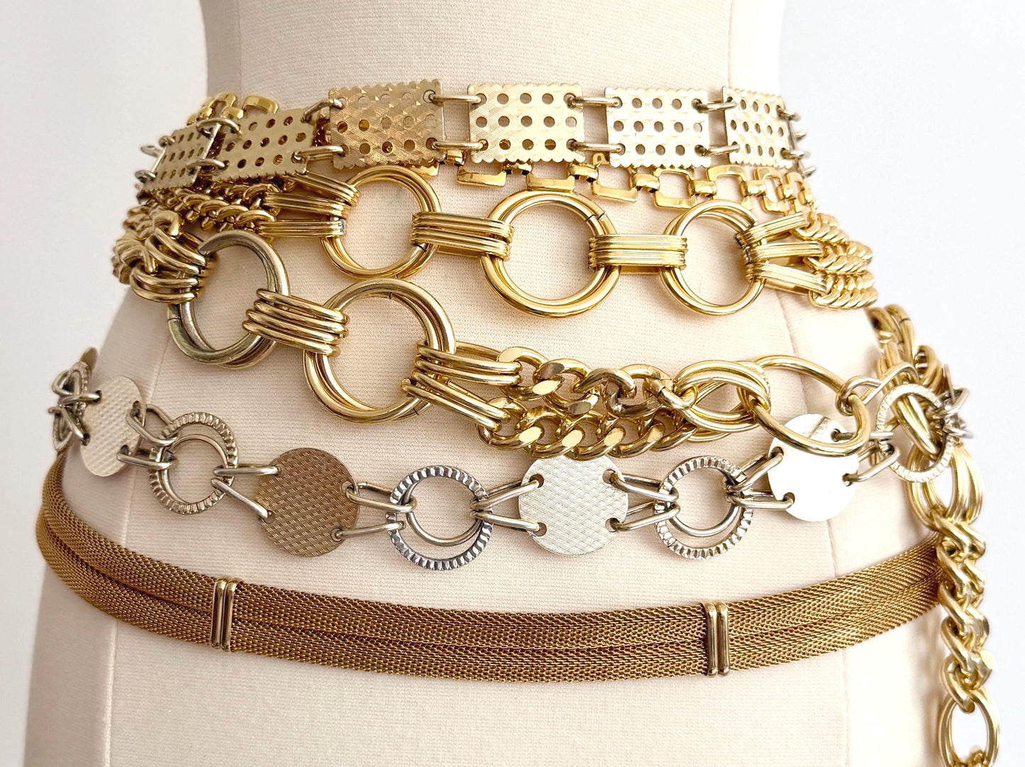 Vintage Gold Chain Belt 70s 80s Rectangle Square Circle Metal Mesh Link
