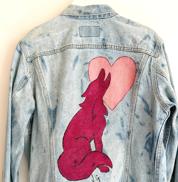 Vintage 80s Levis Denim Jacket Bleached Hand Painted Southwest Howling Coyote Made in USA