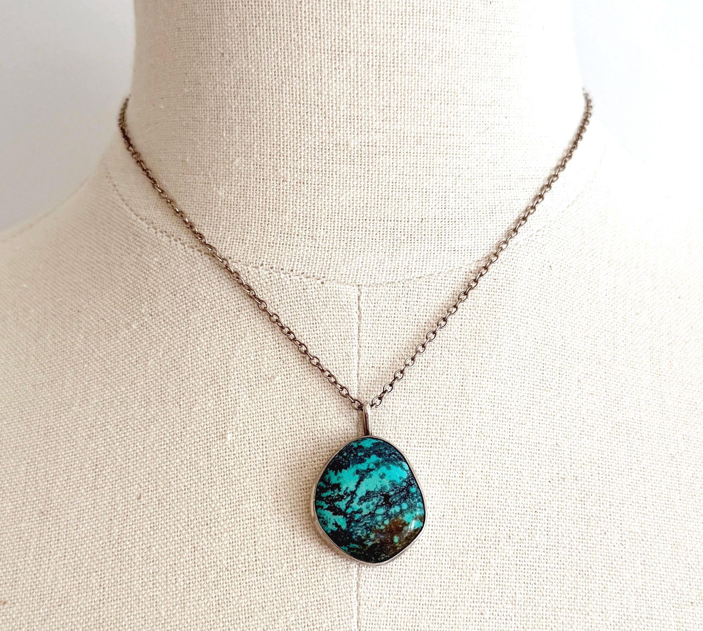 Vintage Sterling Silver Turquoise Necklace with Extender Chain
