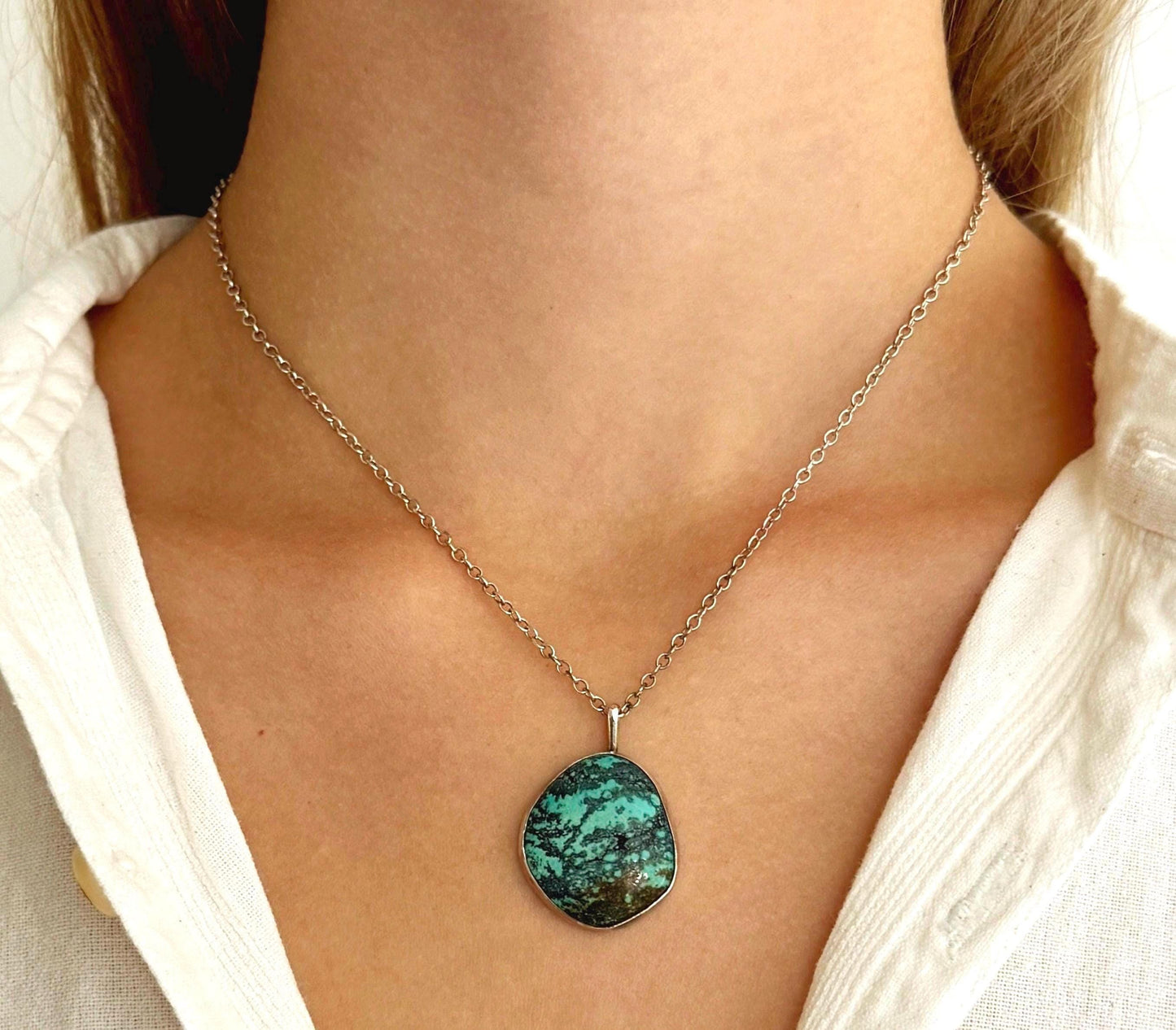 Vintage Sterling Silver Turquoise Necklace with Extender Chain