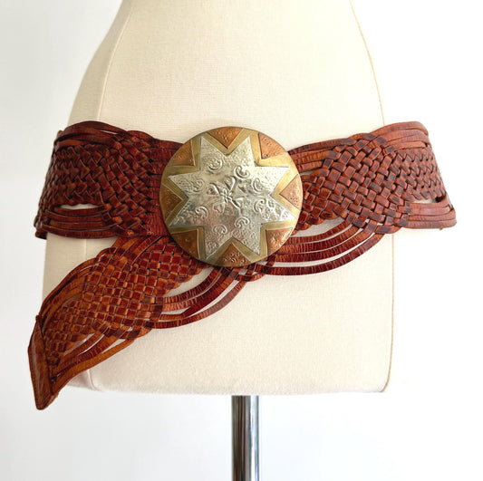 Vintage Moroccan Disc Belt Wide Woven Brown Leather Strap Boho Western