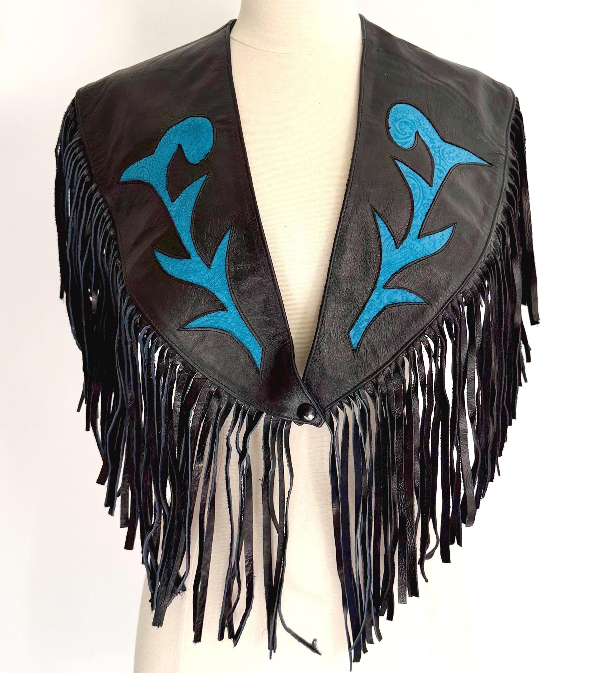 Vintage Western Fringe Capelet Poncho Inlaid Black Leather