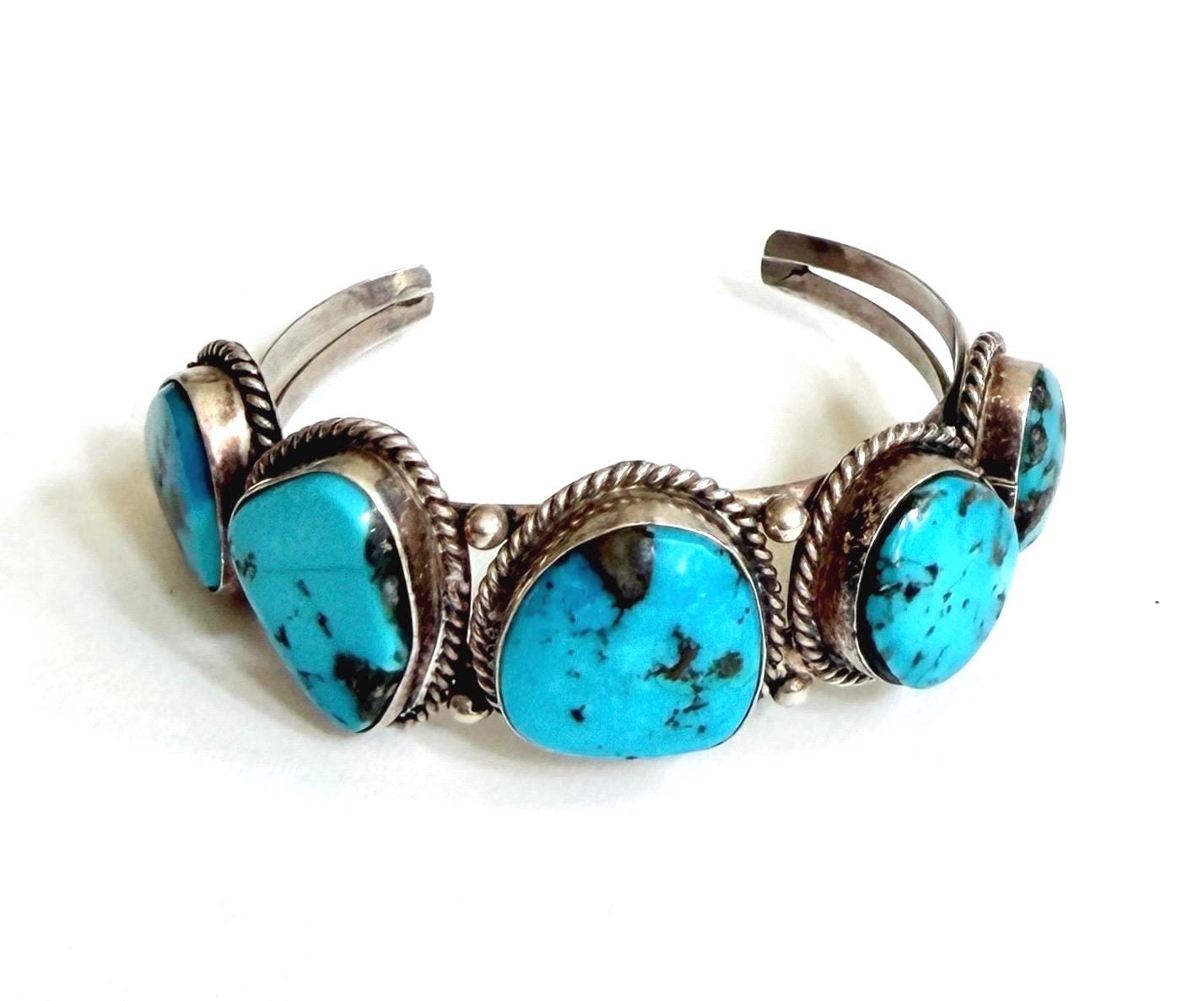 Vintage Navajo Five Stone Turquoise Cuff Bracelet 60s 70s Native American Sterling Silver