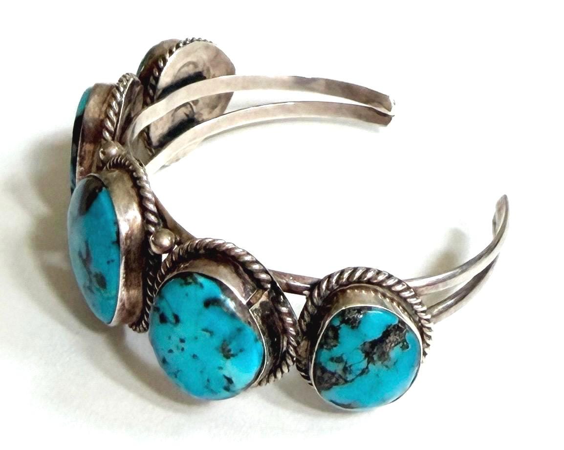 Vintage Navajo Five Stone Turquoise Cuff Bracelet 60s 70s Native American Sterling Silver