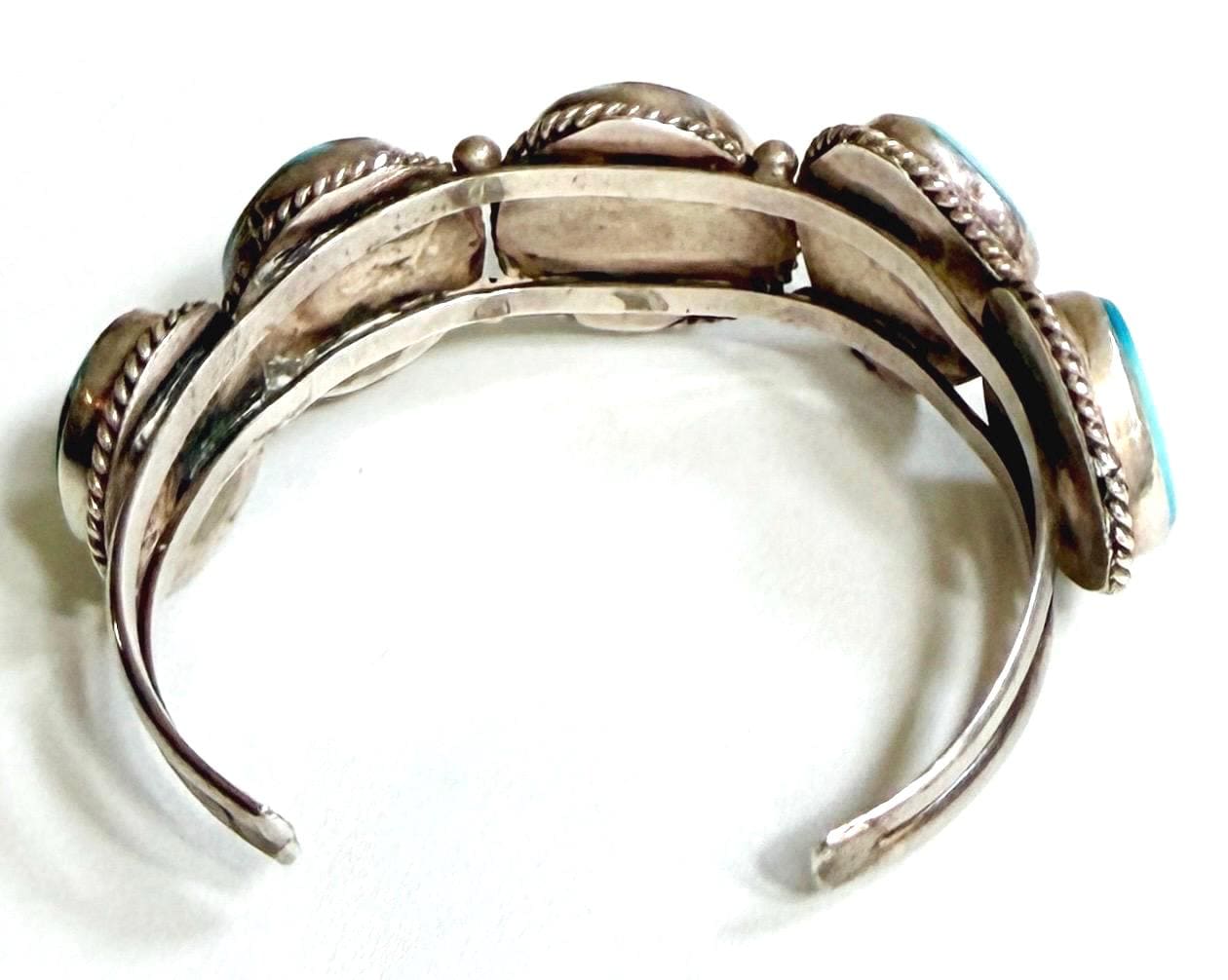 Vintage Navajo Five Stone Turquoise Cuff Bracelet 60s 70s Native American Sterling Silver
