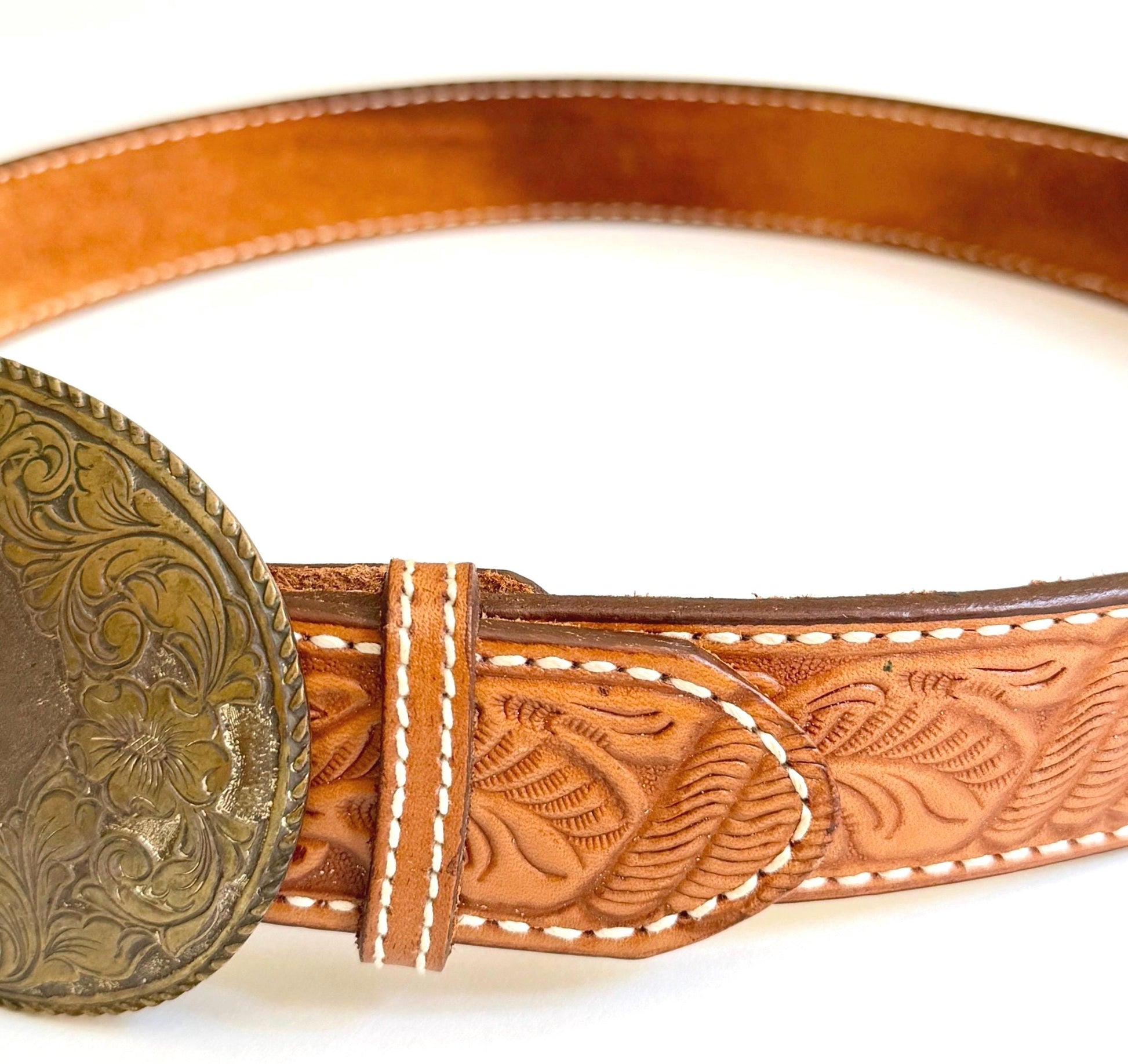Vintage Western Crumrine Horse Buckle with Floral Tooled Leather Belt Strap