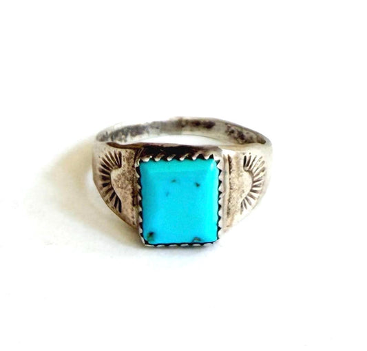 Vintage Navajo Turquoise Signet Ring Trading Post Era Sterling Silver Band