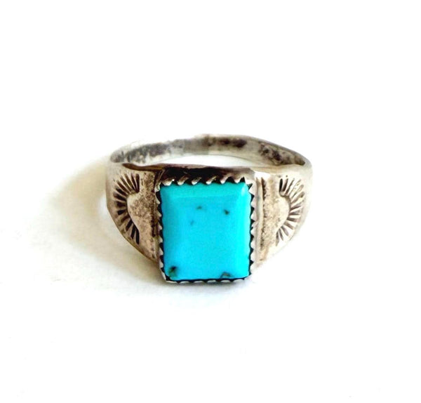 Vintage Navajo Turquoise Signet Ring Trading Post Era Sterling Silver Band