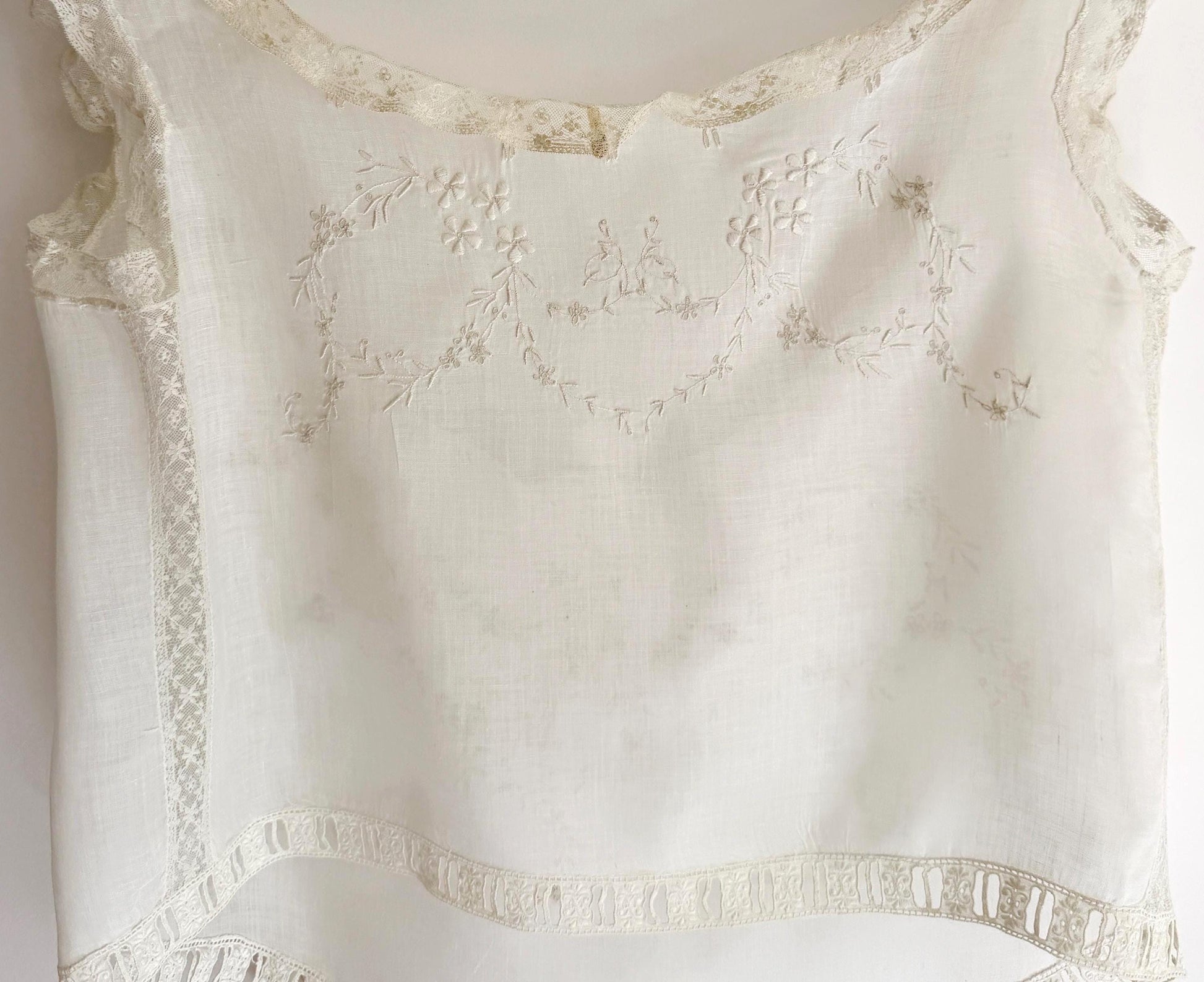 French Antique Chemise Embroidered White Cotton Chemisette Historical Edwardian Victorian Undergarments