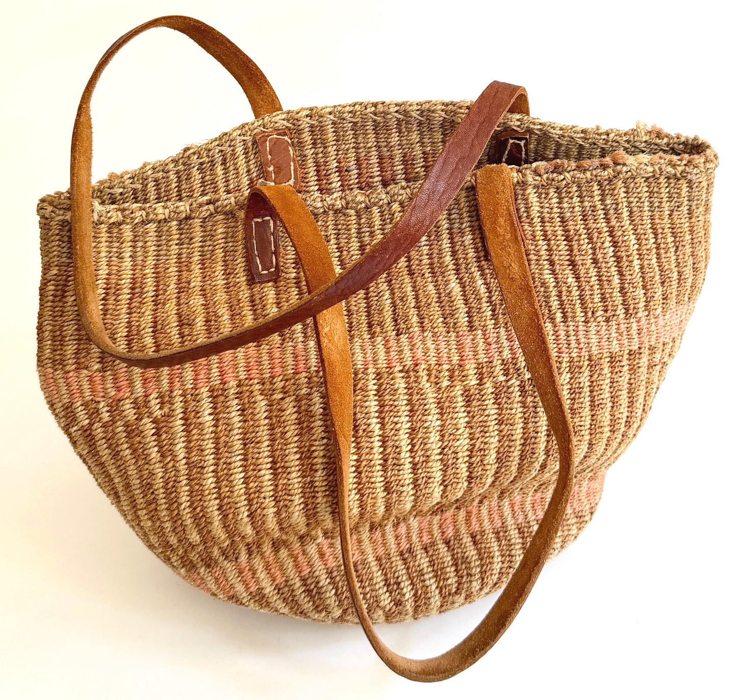 Vintage Woven Sisal Bag Neutral Market Tote Leather Straps